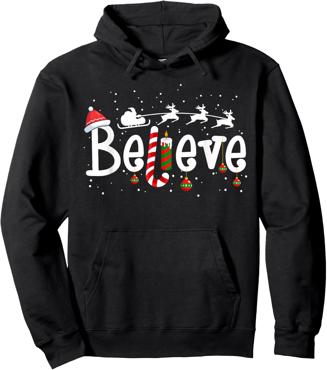 Believe Christmas Santa Claus Reindeer Candy Cane Xmas Hoodie - Hoodie | Black