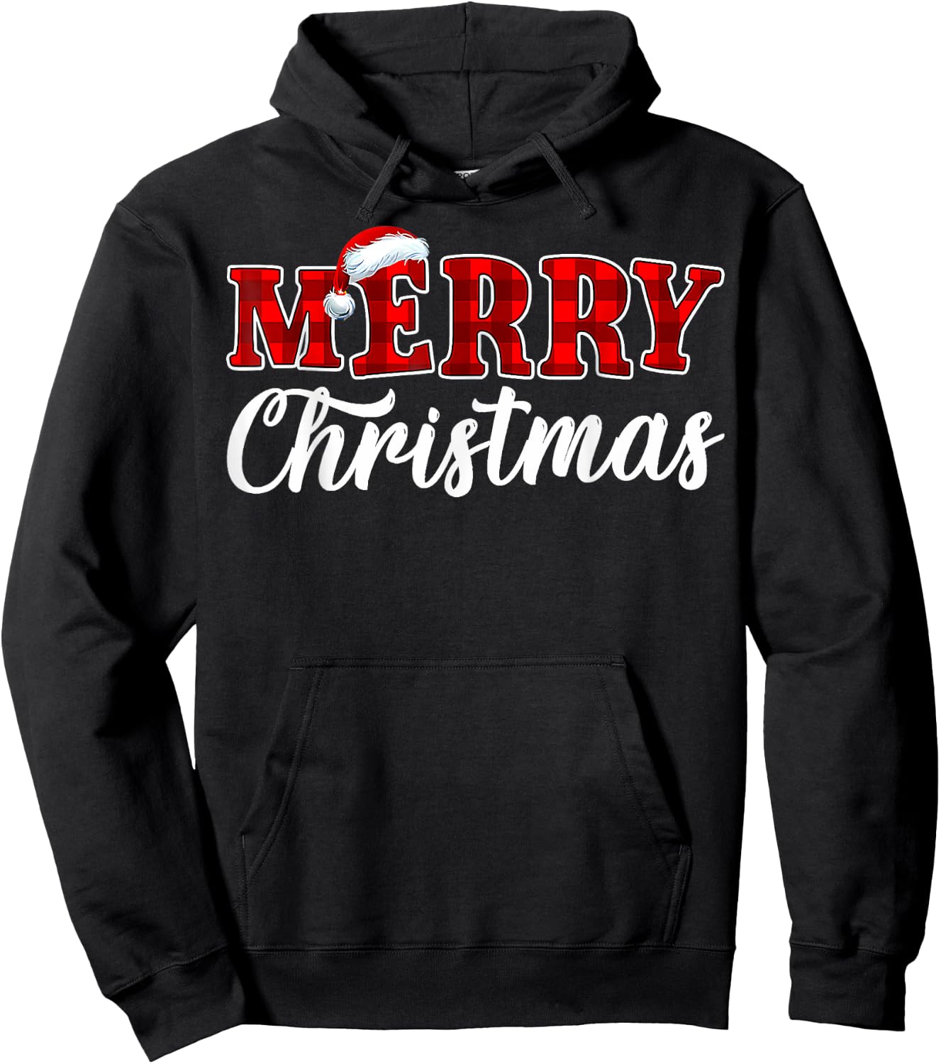 Merry Christmas Buffalo Plaid Red Santa Hat Xmas Pajamas Hoodie - Hoodie | Black