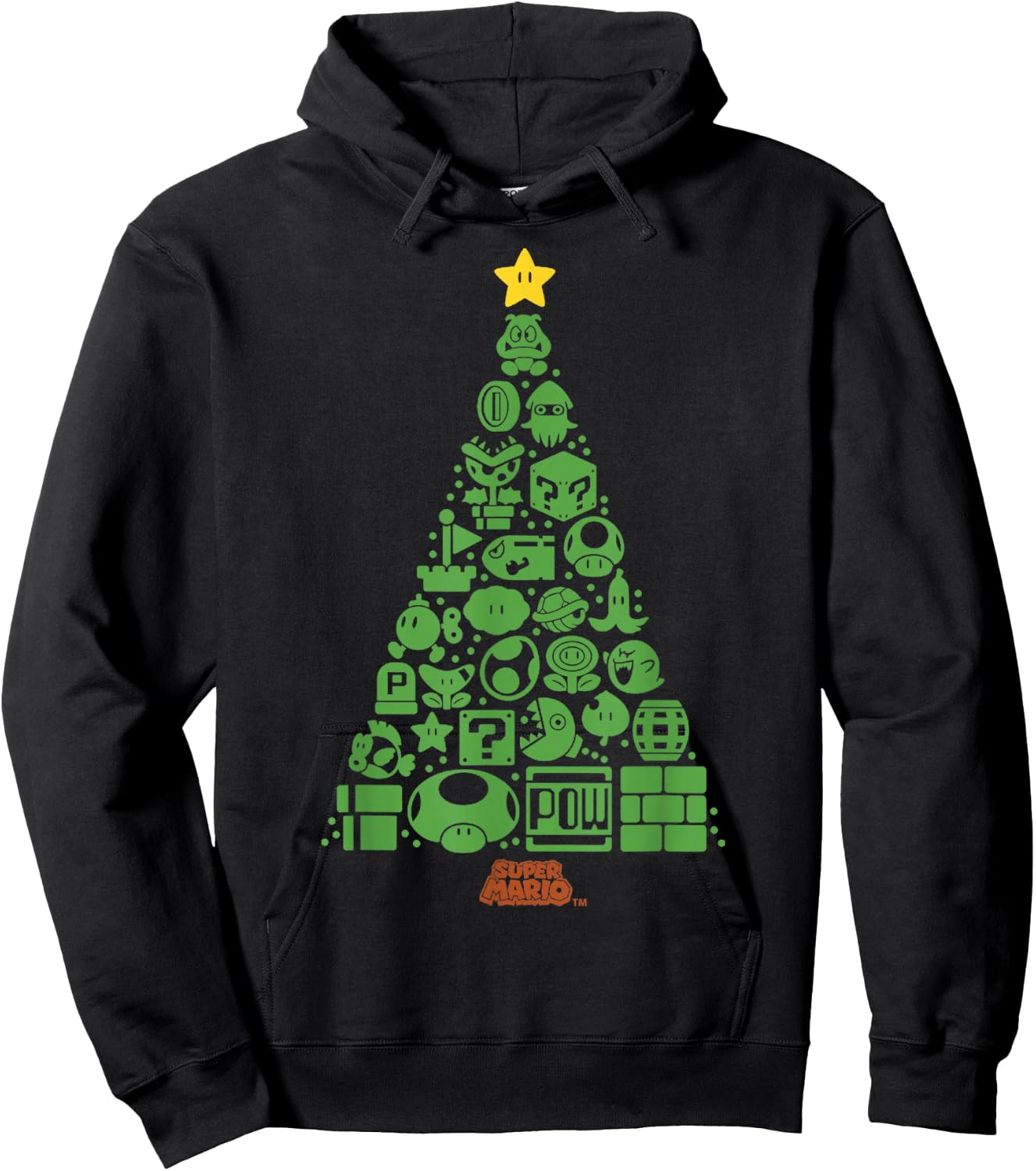 Super Mario Item Characters Christmas Tree Graphic Short Sleeve Black Hoodie - Hoodie | Black