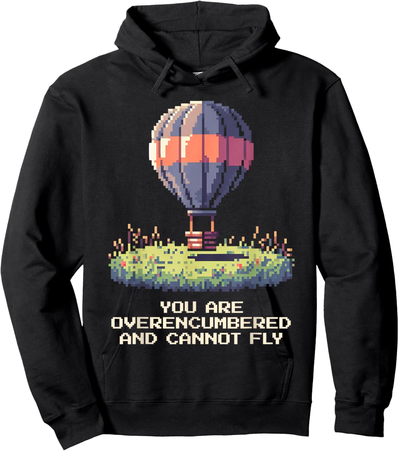 Overencumbered: Can’t Fly | Hot Air Balloon Pixel Art Hoodie - Hoodie | Black