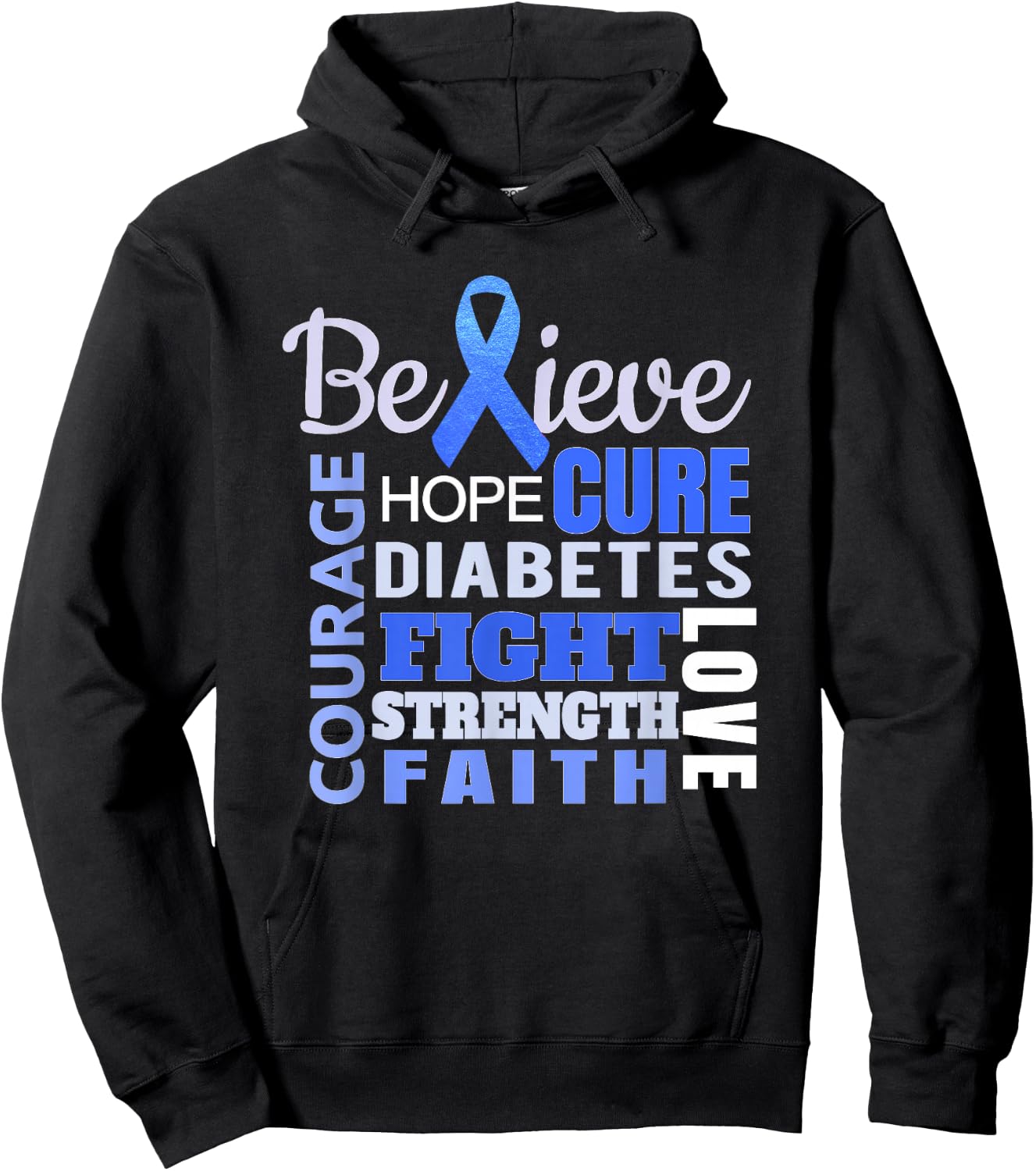 Diabetes Awareness T Shirt Blue Ribbon Diabetes Word Shirt Hoodie - Hoodie | Black