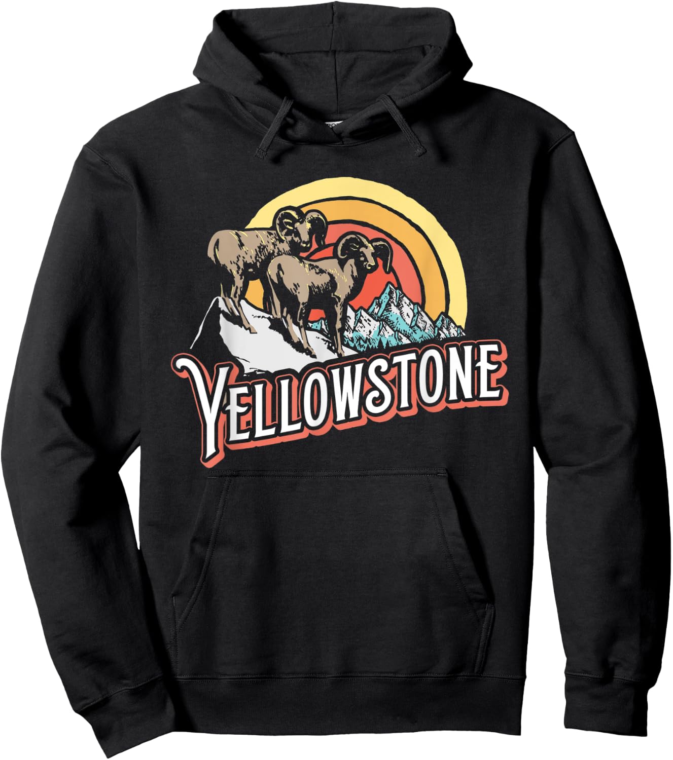 Vintage Big Horned Sheep Yellowstone Sun & Mountain Graphic Hoodie - Hoodie | Black