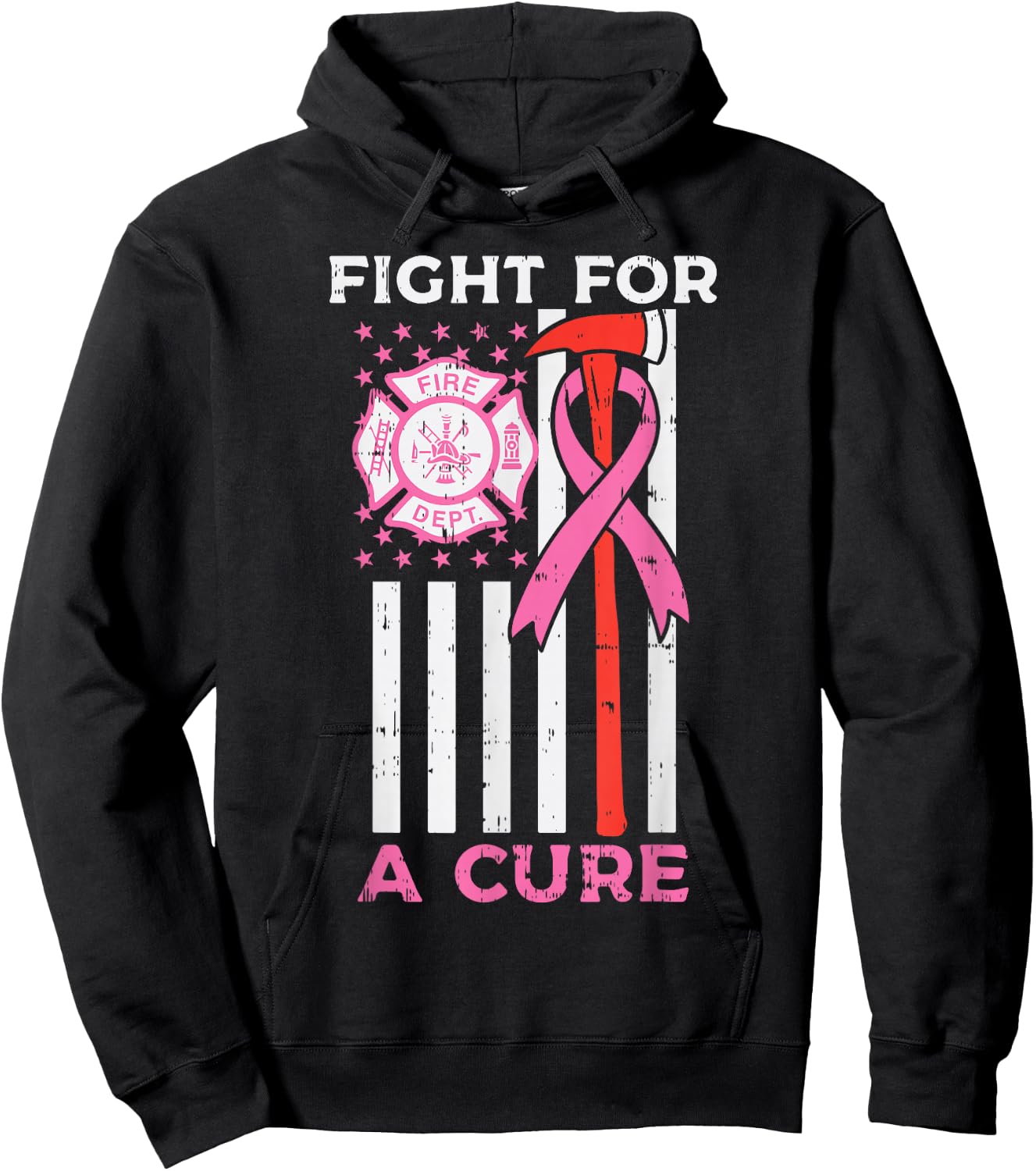 Fight For A Cure Firefighter US Flag Breast Cancer Awareness Hoodie - Hoodie | Black