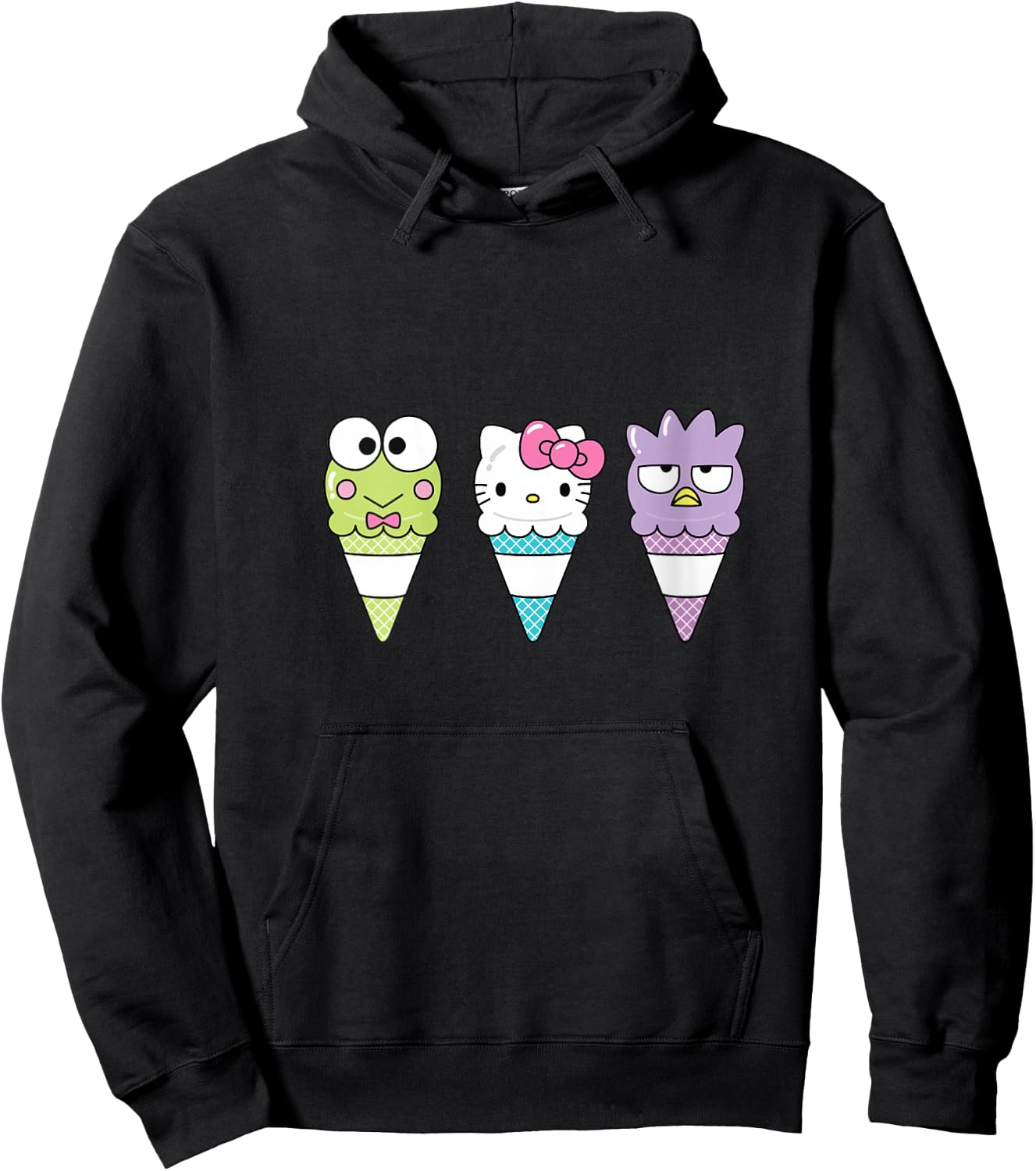 Hello Sanrio Keroppi Hello Kitty Badtz-Maru Ice Cream Cone V-Neck Hoodie - Hoodie | Black