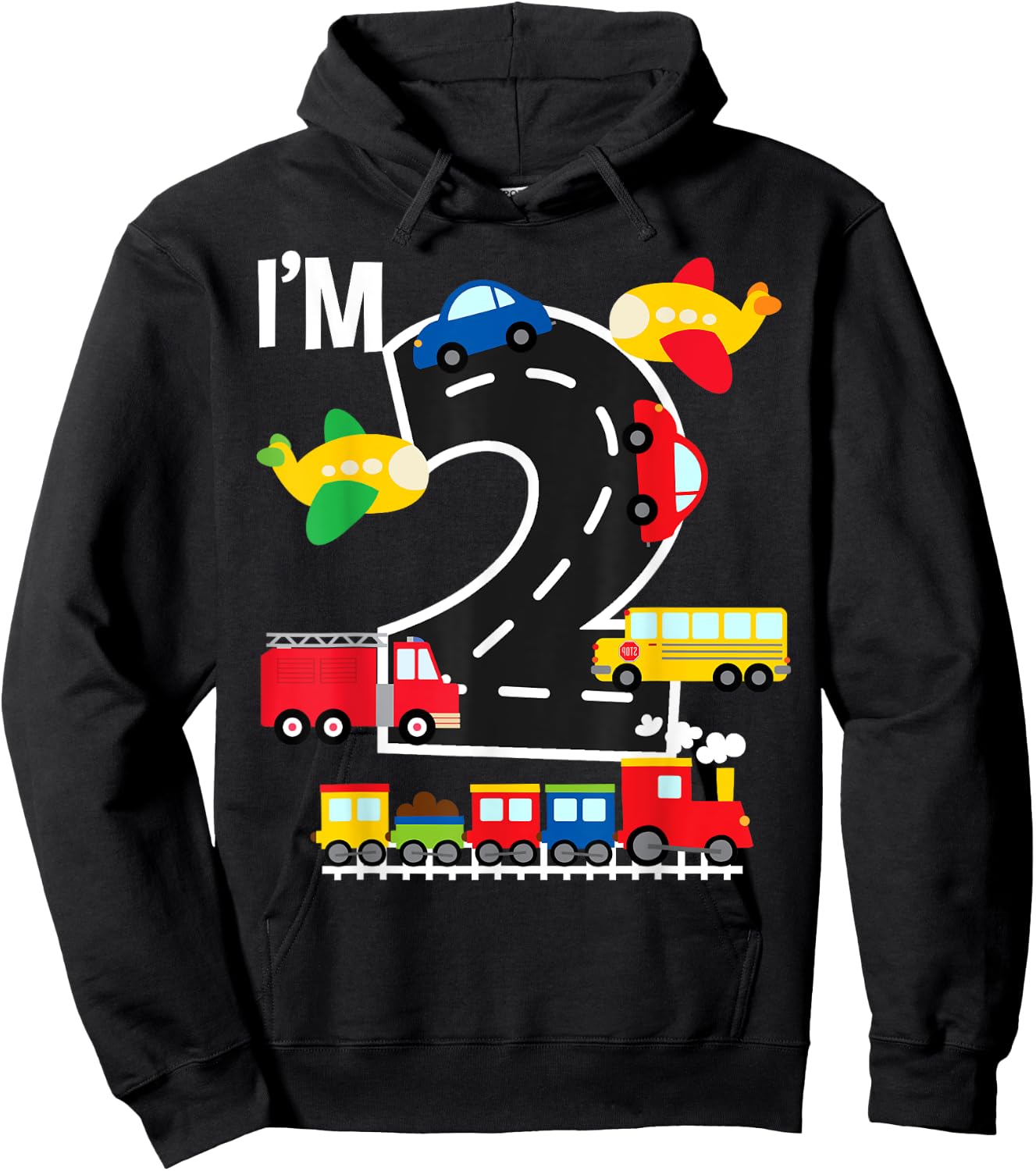 I'm 2 Birthday Boy 2nd Bday Train Car Fire Truck Airplane Hoodie - Hoodie | Black