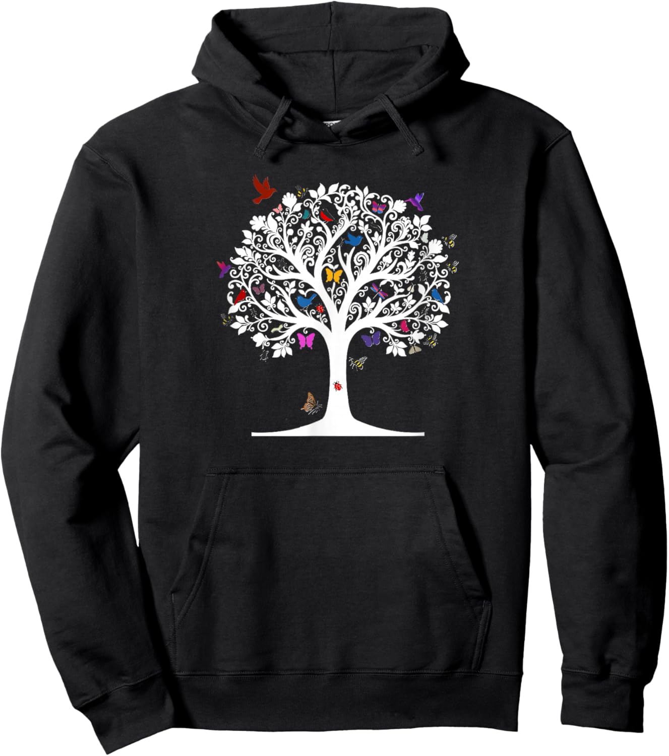 Tree of Love, White Silhouette, Birds, Butterflies, Bugs Hoodie - Hoodie | Black
