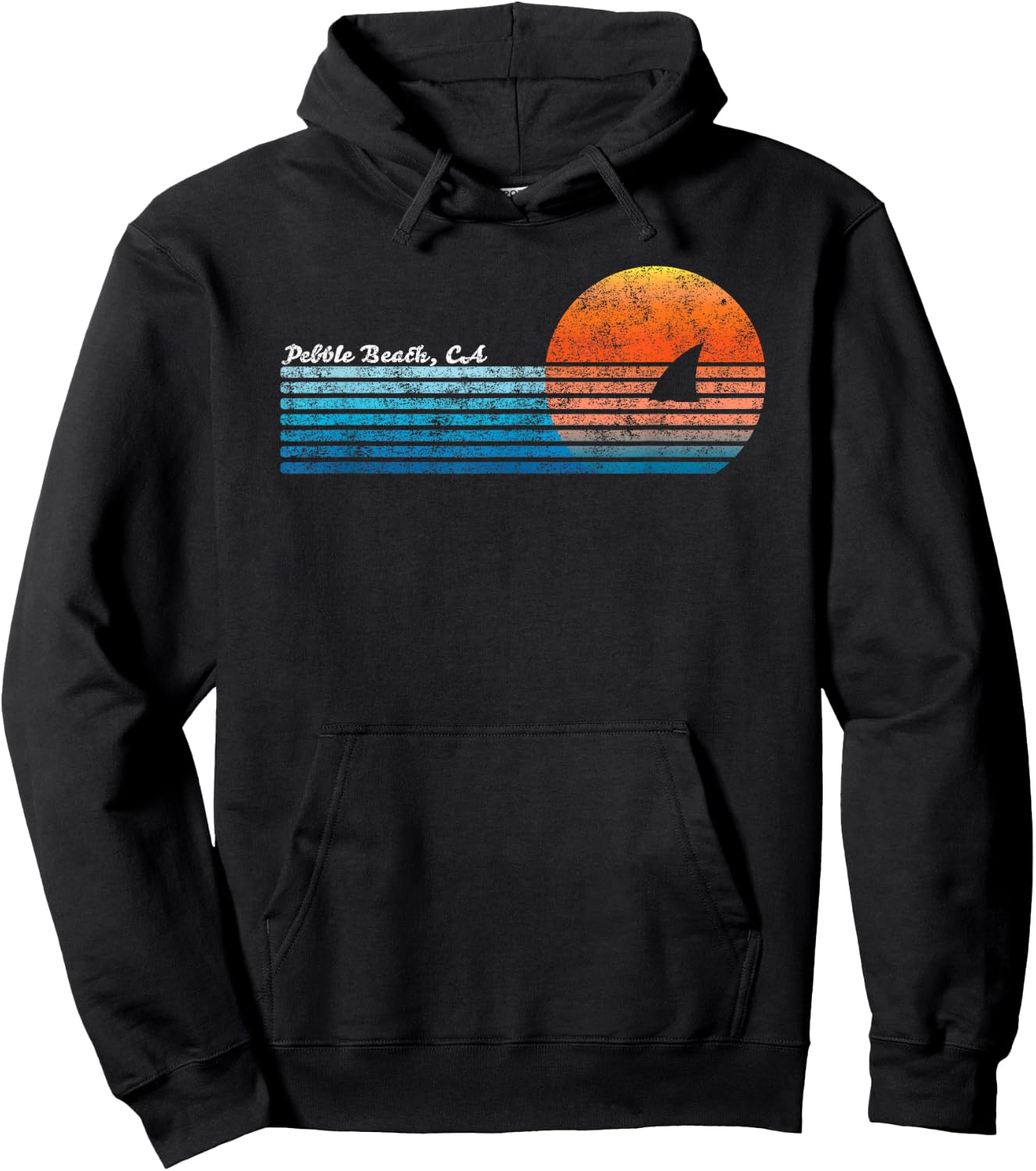 Vintage Pebble Beach, CA Retro 80s Shark Fin Sunset Women Girls Kids Hoodie - Hoodie | Black