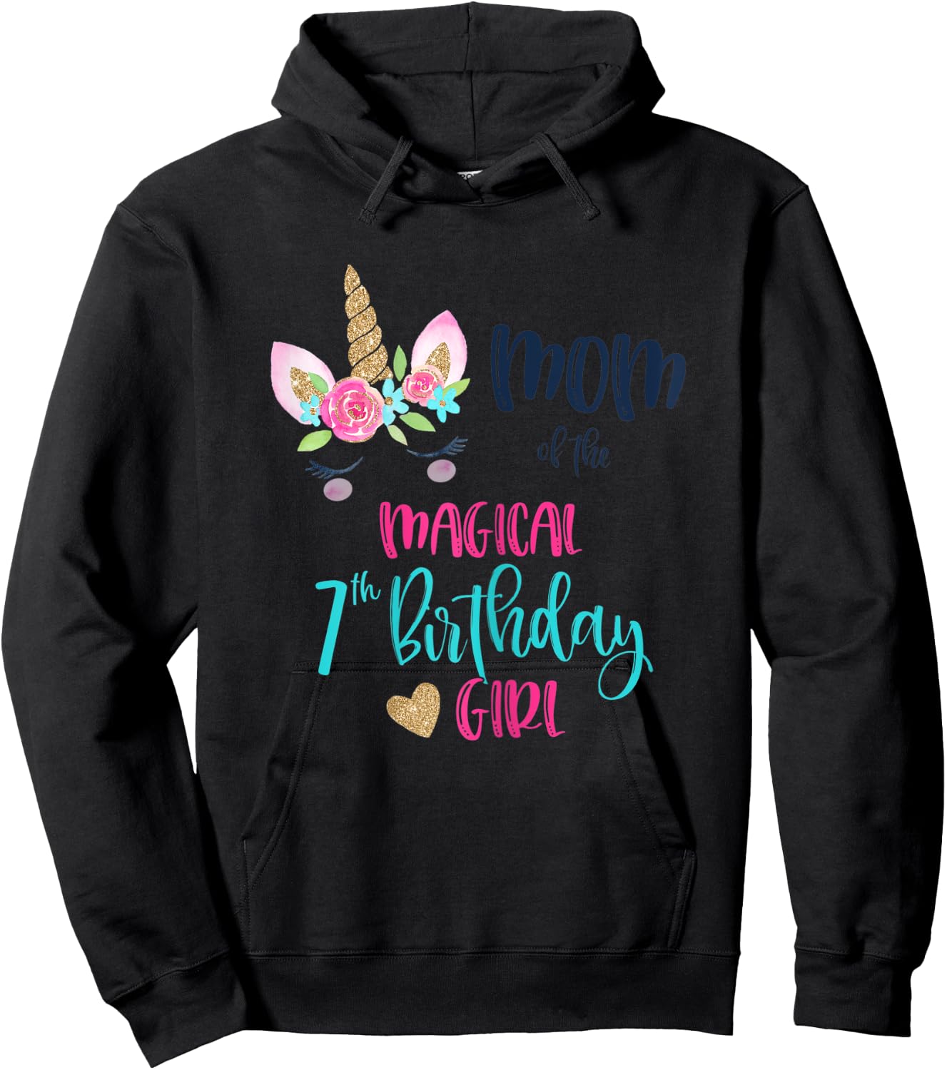Unicorn Mom of the 7th Birthday Girl Shirt Matching Mama Hoodie - Hoodie | Black