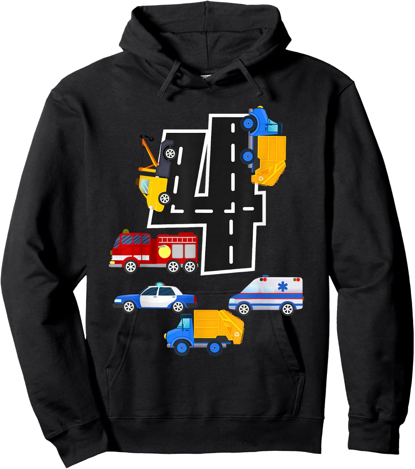 4th Birthday Boys Fire Truck Police Car 4 Year Old Hoodie - Hoodie | Black