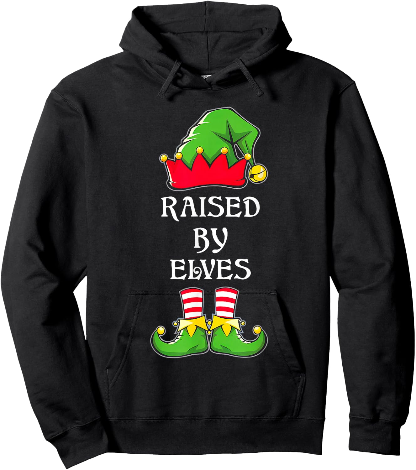 Funny Raised By Elves Christmas Elf Hat Hoodie - Hoodie | Black