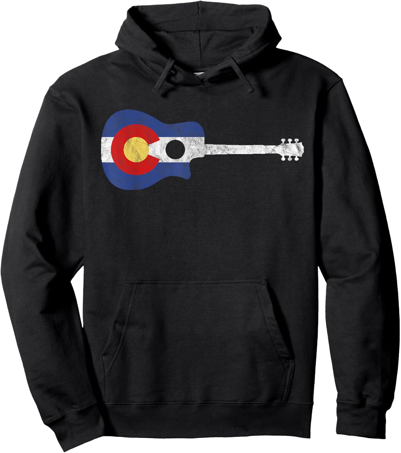 State Flag of Colorado Music - Distressed Acoustic Guitar Hoodie - Hoodie | Black