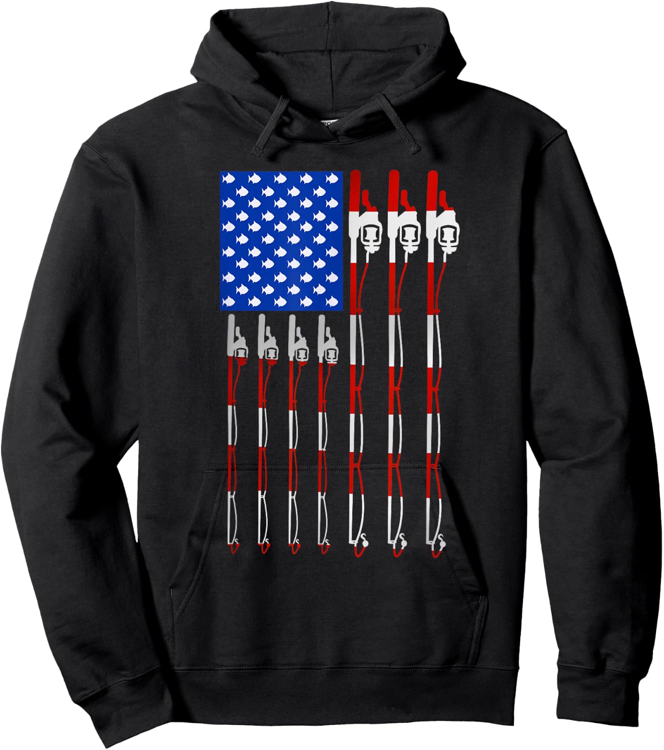Patriotic Fishing American USA Flag Fishing Pole Women Kids Men Hoodie - Hoodie | Black