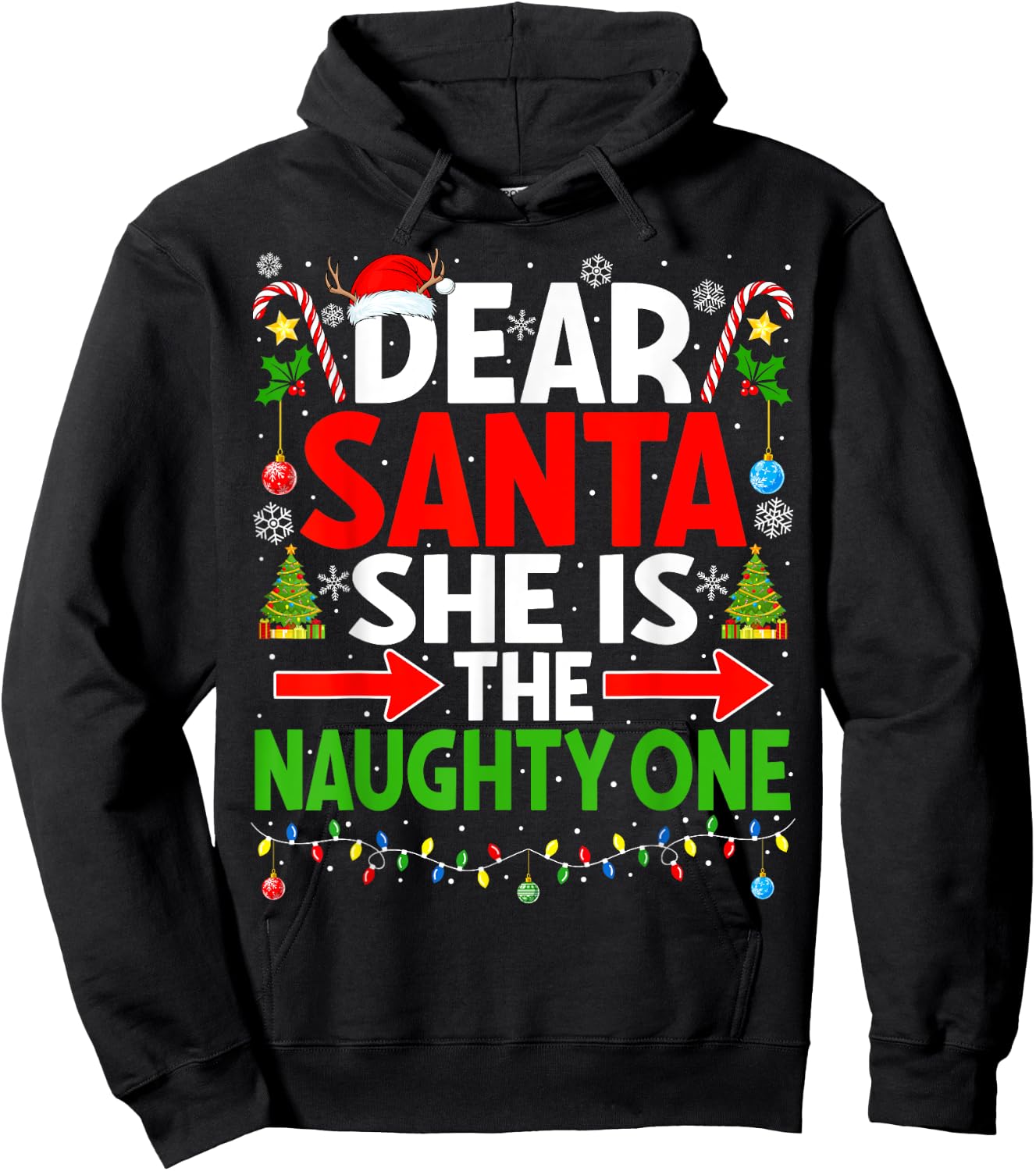 Dear Santa She's Naughty One Christmas Couple Pajama Couples Hoodie - Hoodie | Black