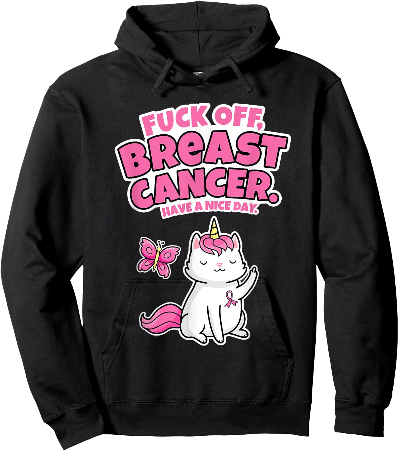 Fuck Off Breast Cancer Unicorn-Cat Butterfly Funny Quote Women Hoodie - Hoodie | Black