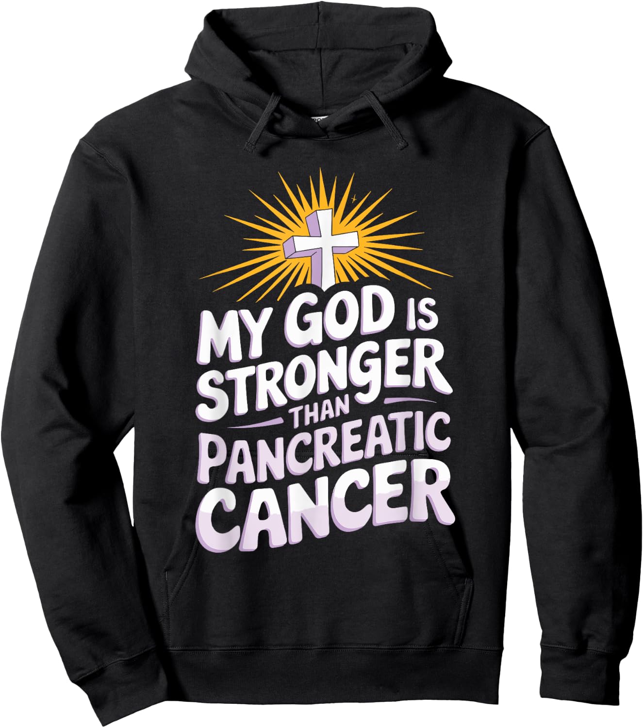My God Is Stronger Than Pancreatic Cancer Purple Ribbon Hoodie - Hoodie | Black