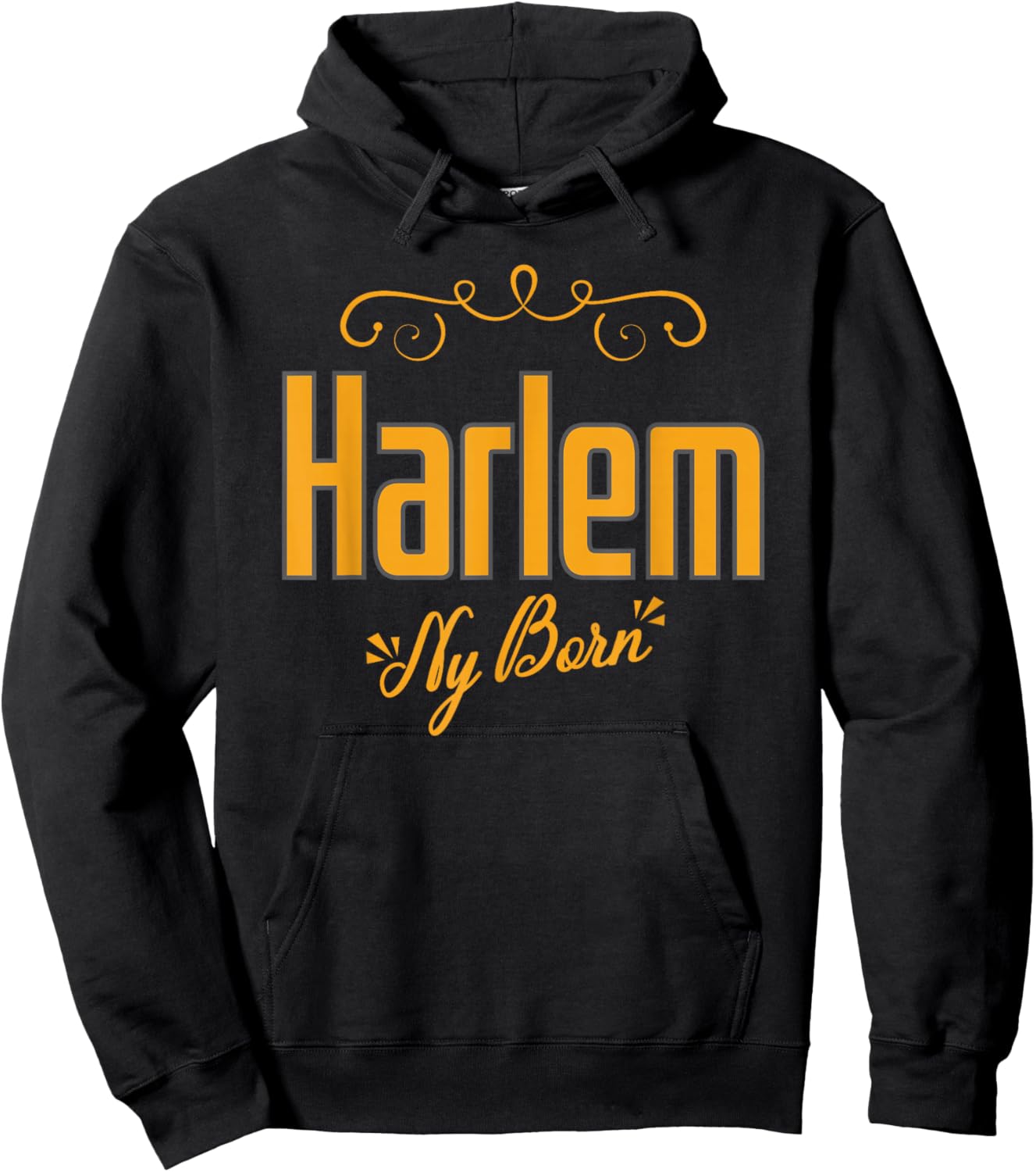 Harlem NY Born Art Deco Script Elegant Swirls Women Men Hoodie - Hoodie | Black