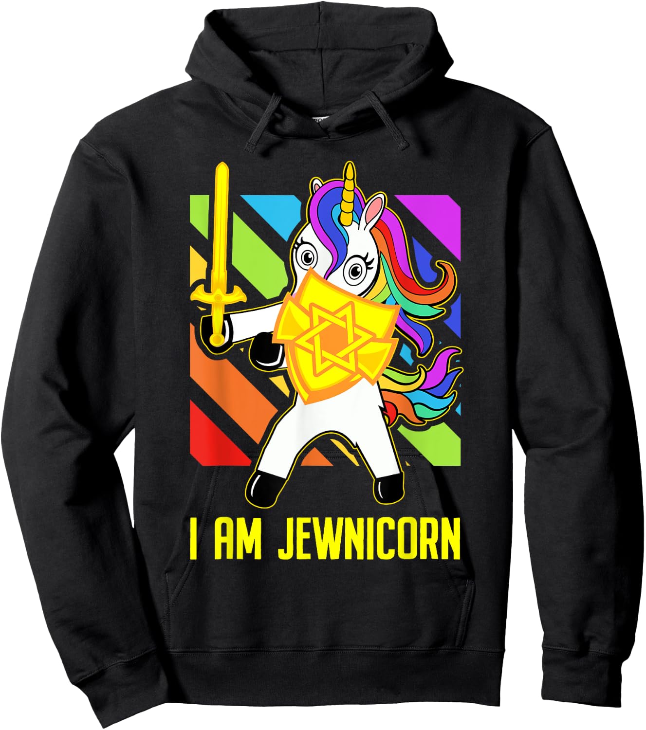 Hanukkah Presents - Proud Jews Rainbow Jewish Unicorn Hoodie - Hoodie | Black