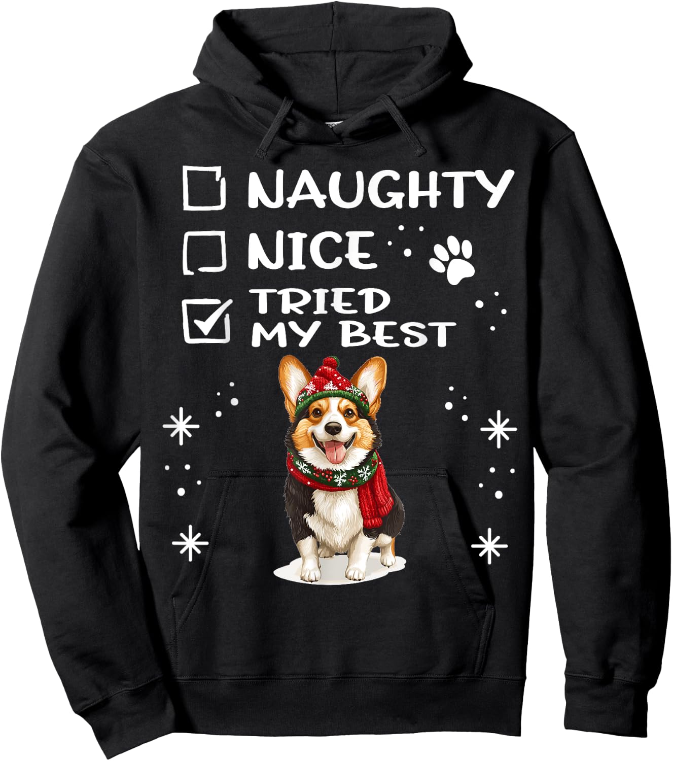 Cardigan Welsh Corgi Christmas Dog Breed Designs -Adults, -Kids , Black, Small, Short Sleeve, Regular Fit, Christmas, Cute, Cartoon, Naughty Nice Tried my Best Hoodie - Hoodie | Black