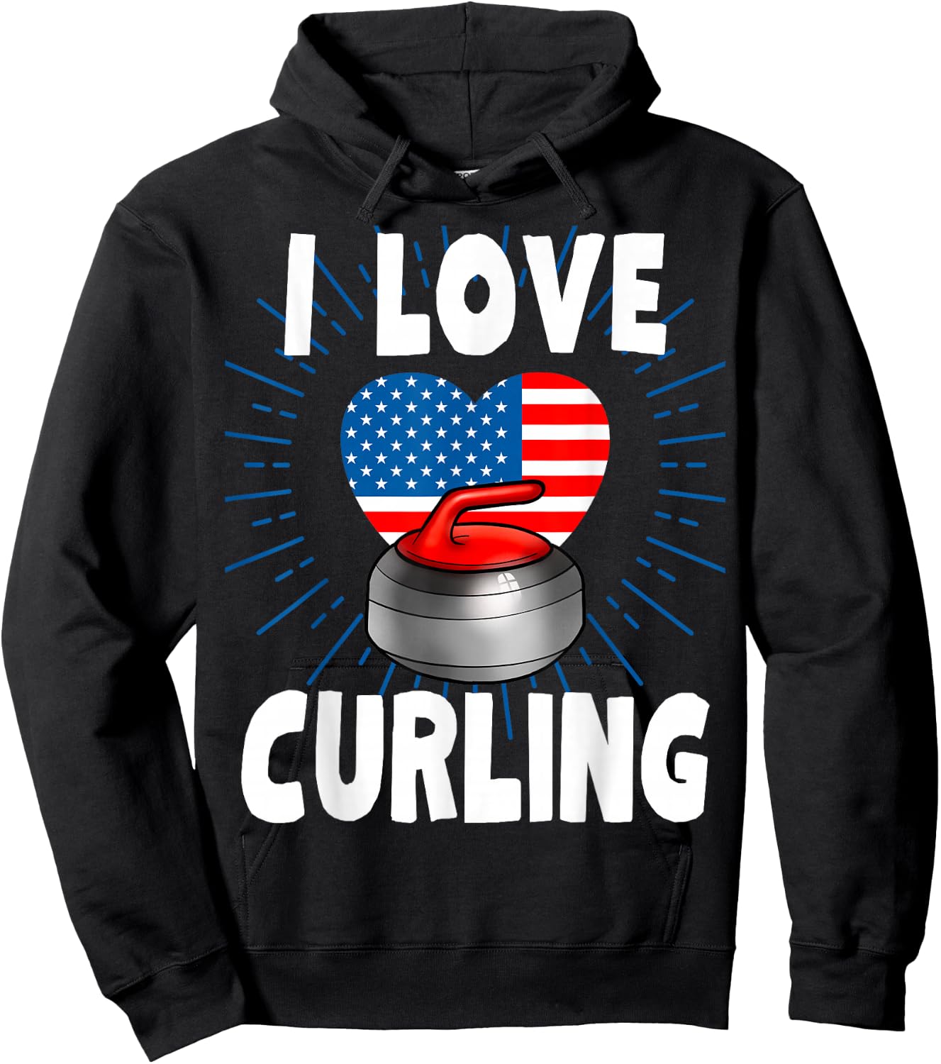 I Love Curling USA Flag 4th of July Winter Sports Man Woman Hoodie - Hoodie | Black
