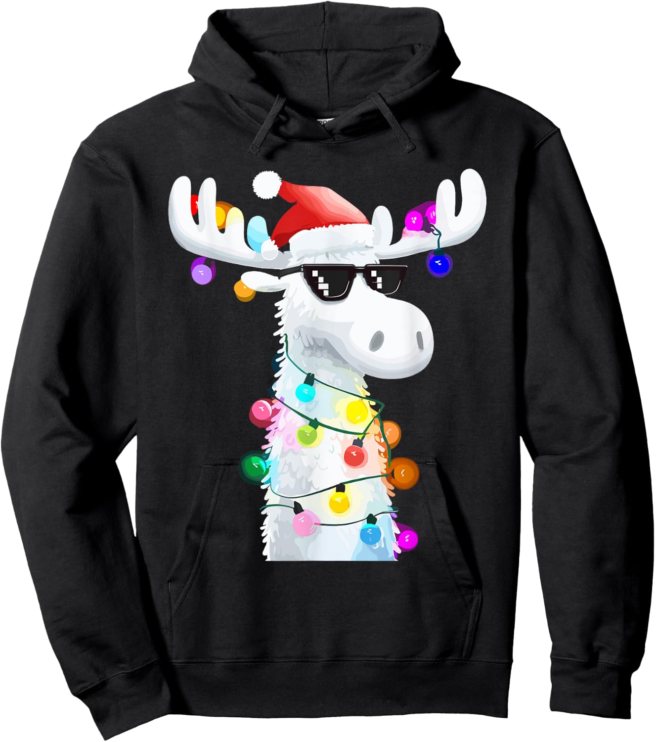 Funny Christmas Moose with Sunglasses and Holiday Lights Hoodie - Hoodie | Black