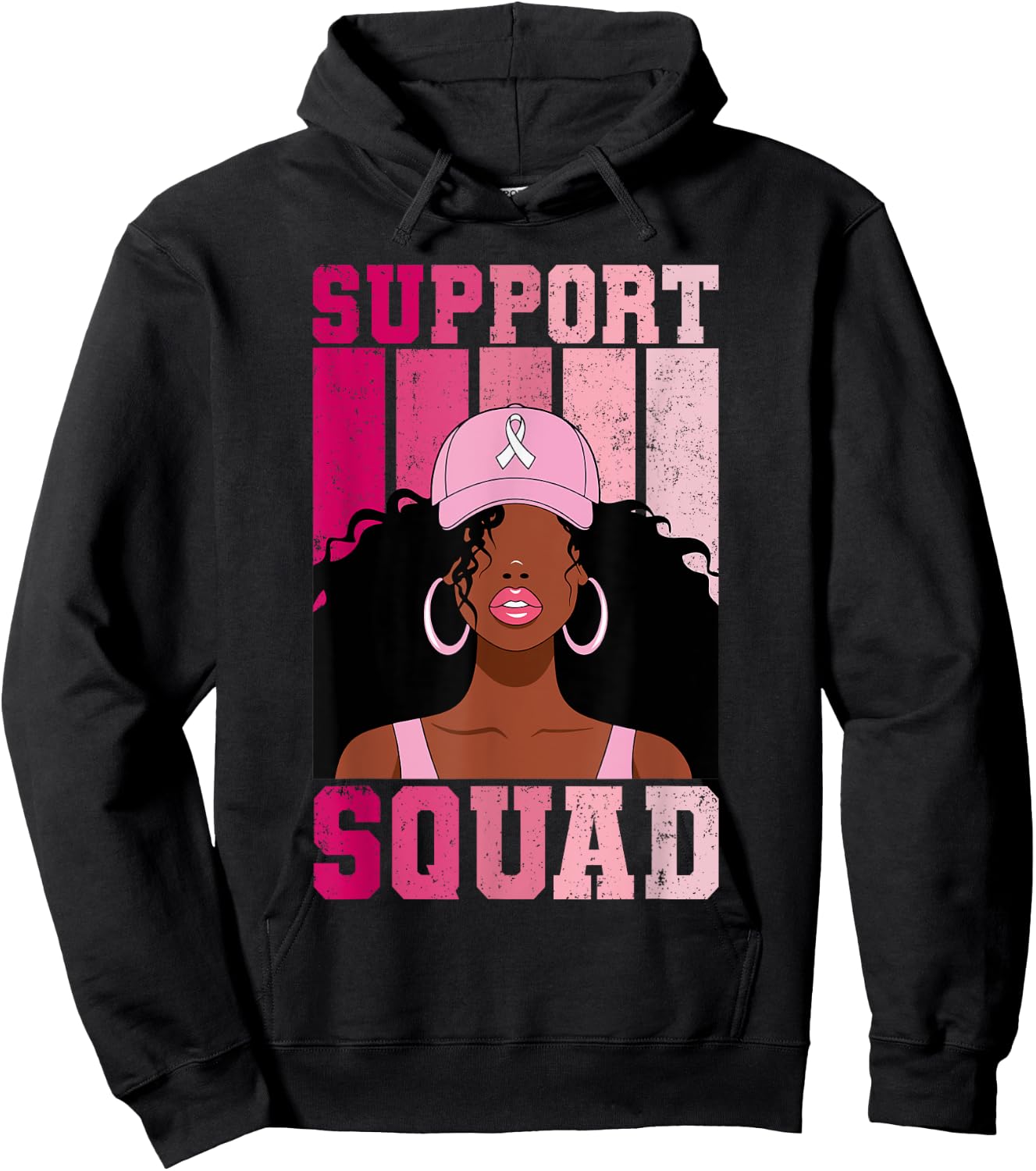 Black Woman Pink Ribbon October Breast Cancer Support Squad Hoodie - Hoodie | Black