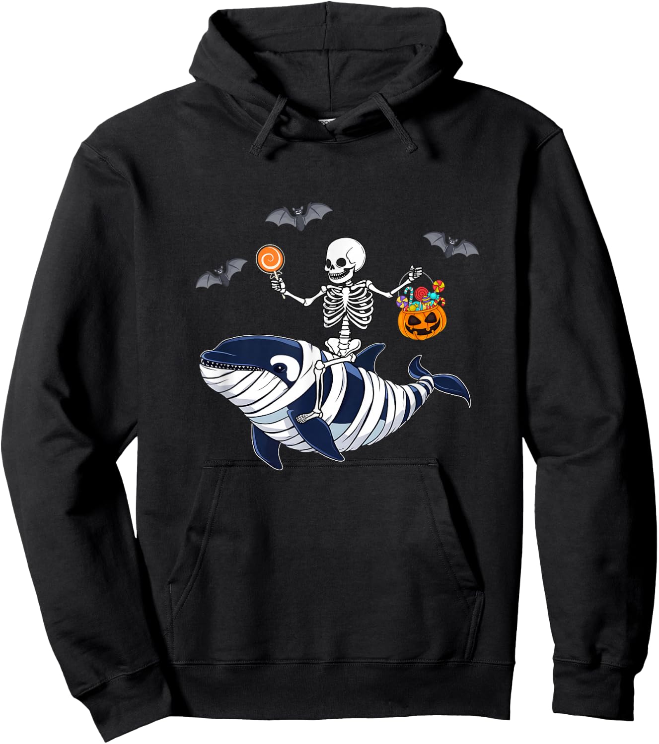 Skeleton Riding Mummy Orca Halloween Costume Whale Hoodie - Hoodie | Black