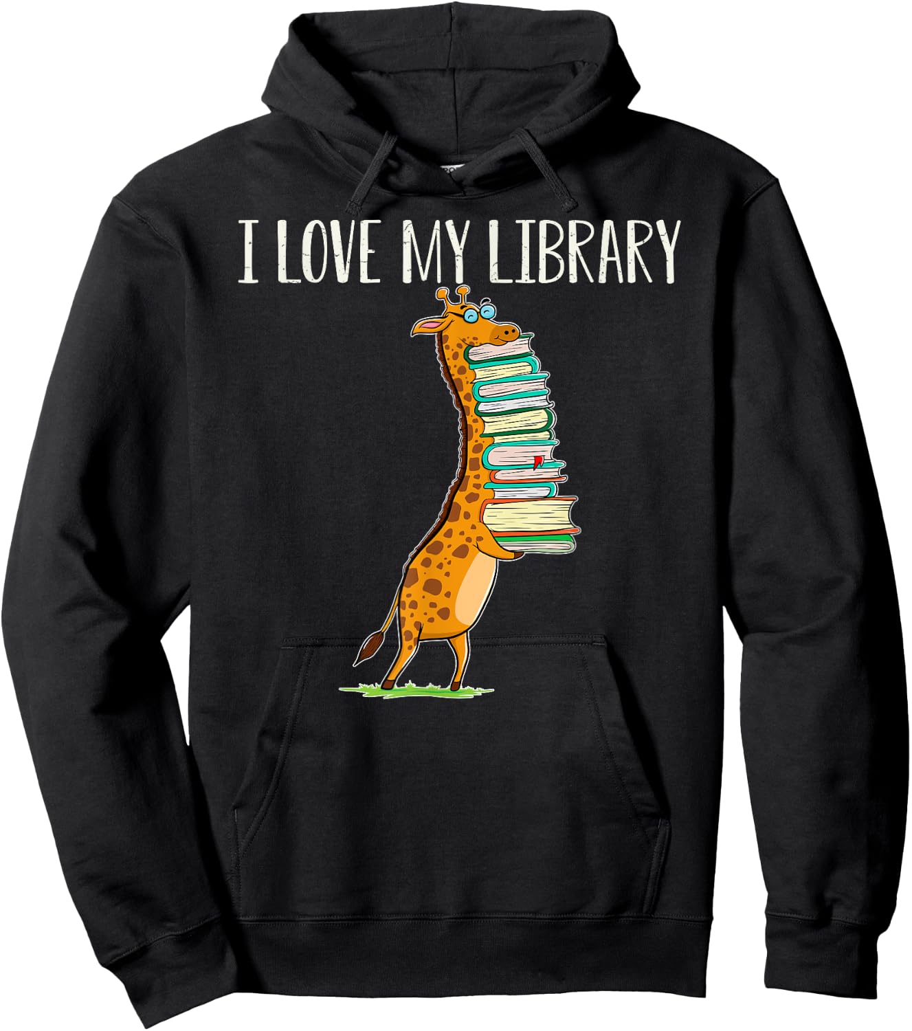 Funny Book Reading Giraffe I Love My Library Hoodie - Hoodie | Black