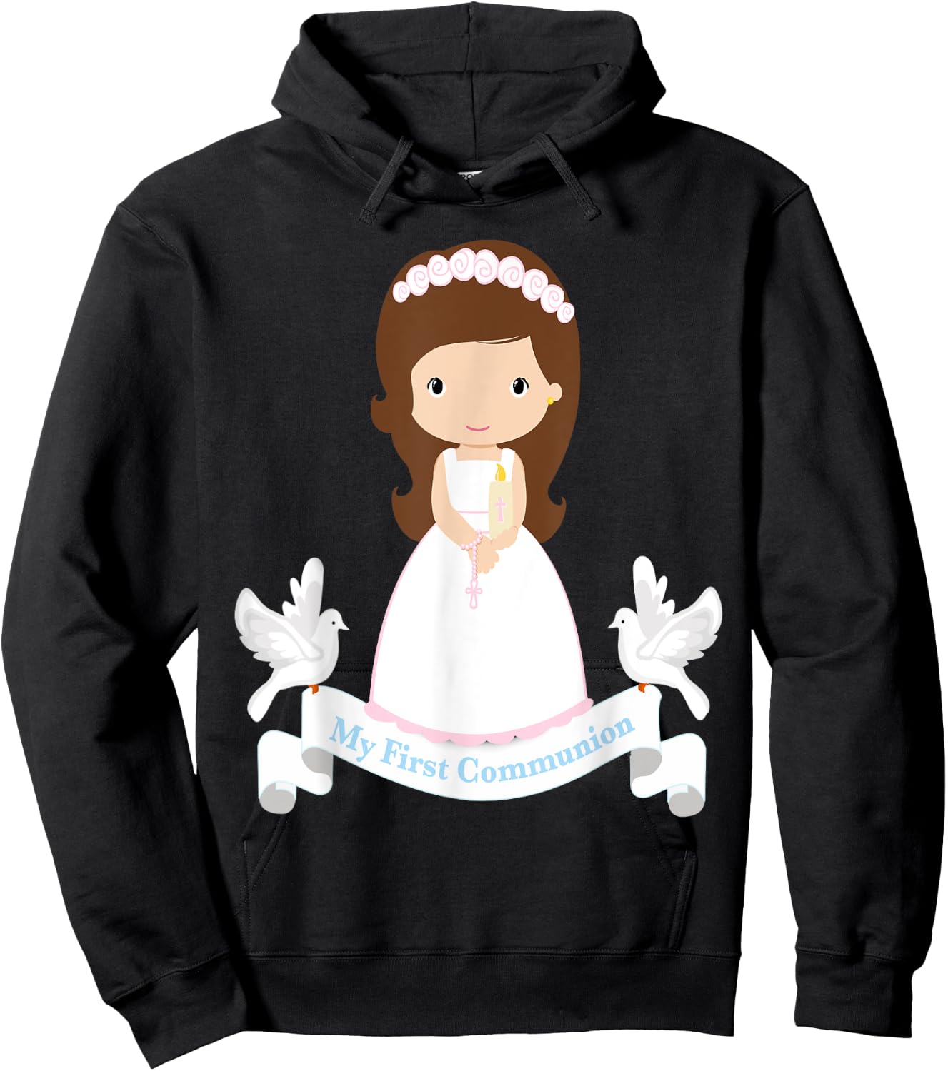 First Communion Shirt Kids Rosary Girls Daughter Brown Hair Hoodie - Hoodie | Black
