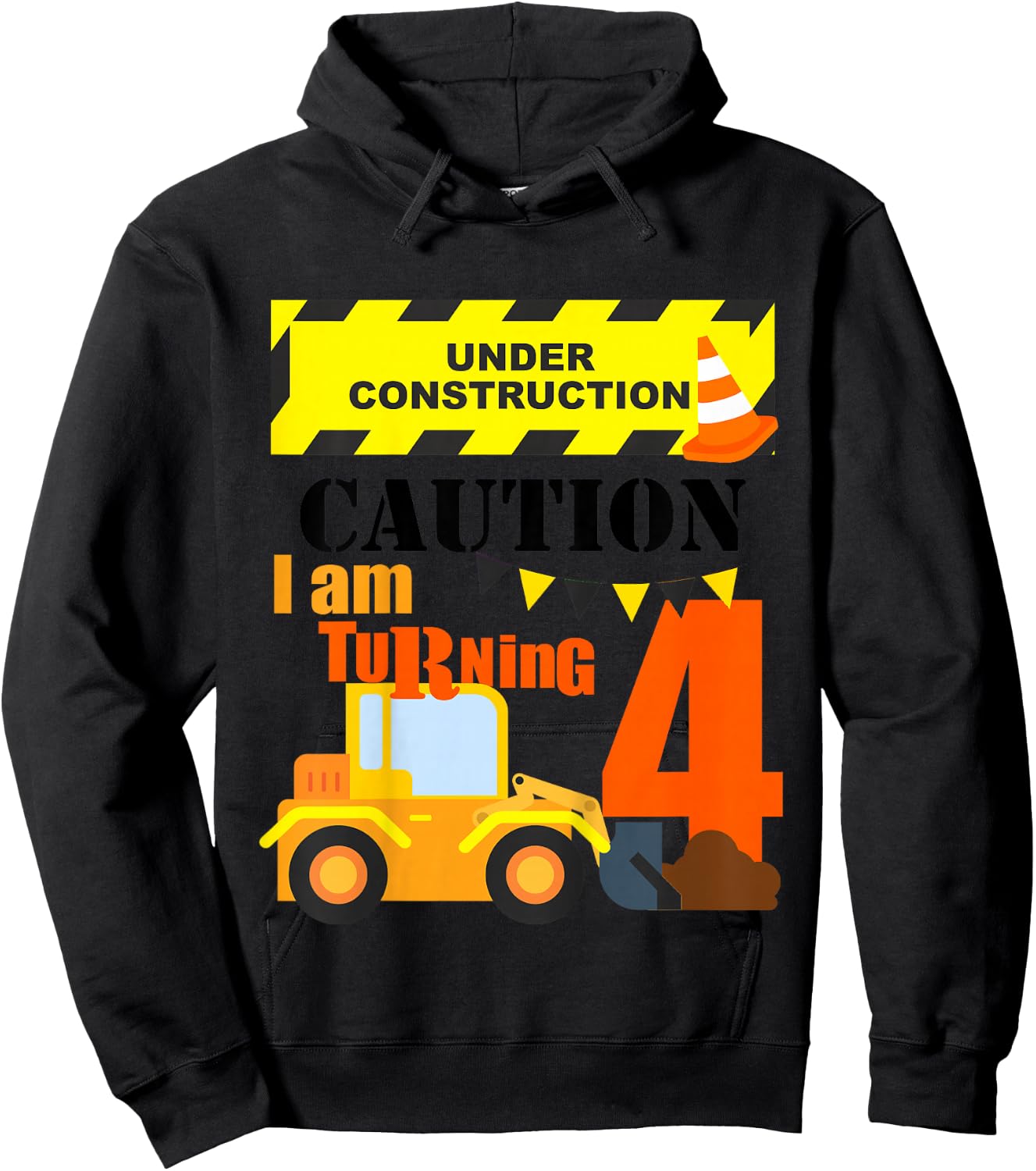 Kids 4th Construction Truck Birthday Excavator Age 4 Year Old Boy Hoodie - Hoodie | Black