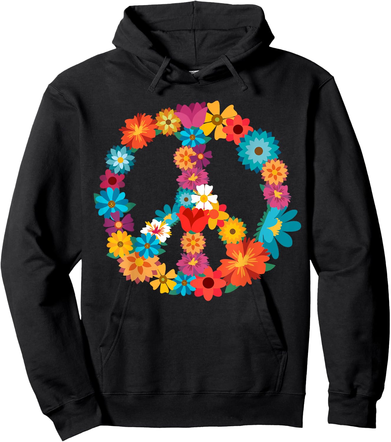 Peace Love | 60's 70's Hippie Costume Colorful Flowers Hoodie - Hoodie | Black