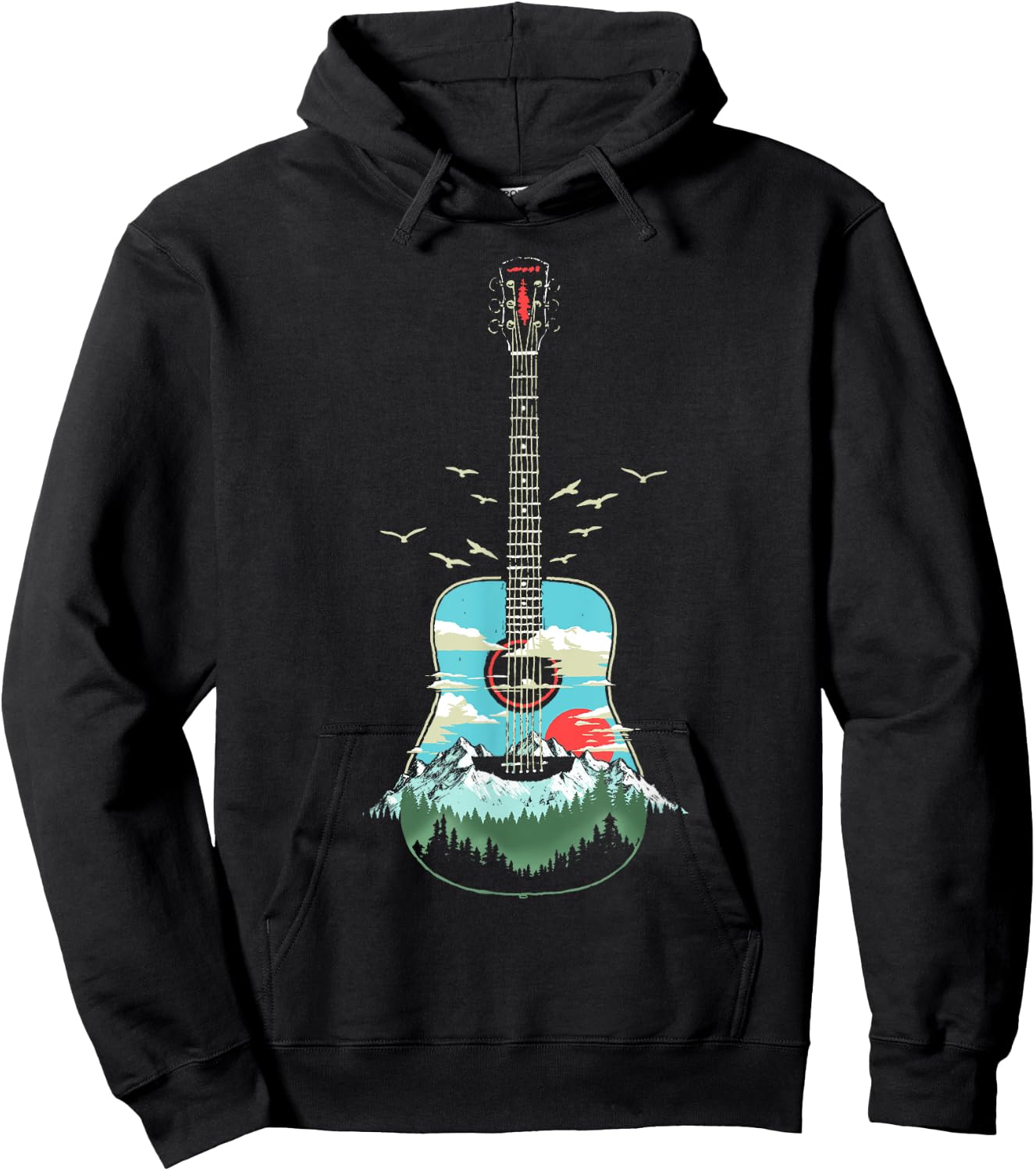 Beautiful Acoustic Guitar Mountains Forest & Nature Graphic Hoodie - Hoodie | Black