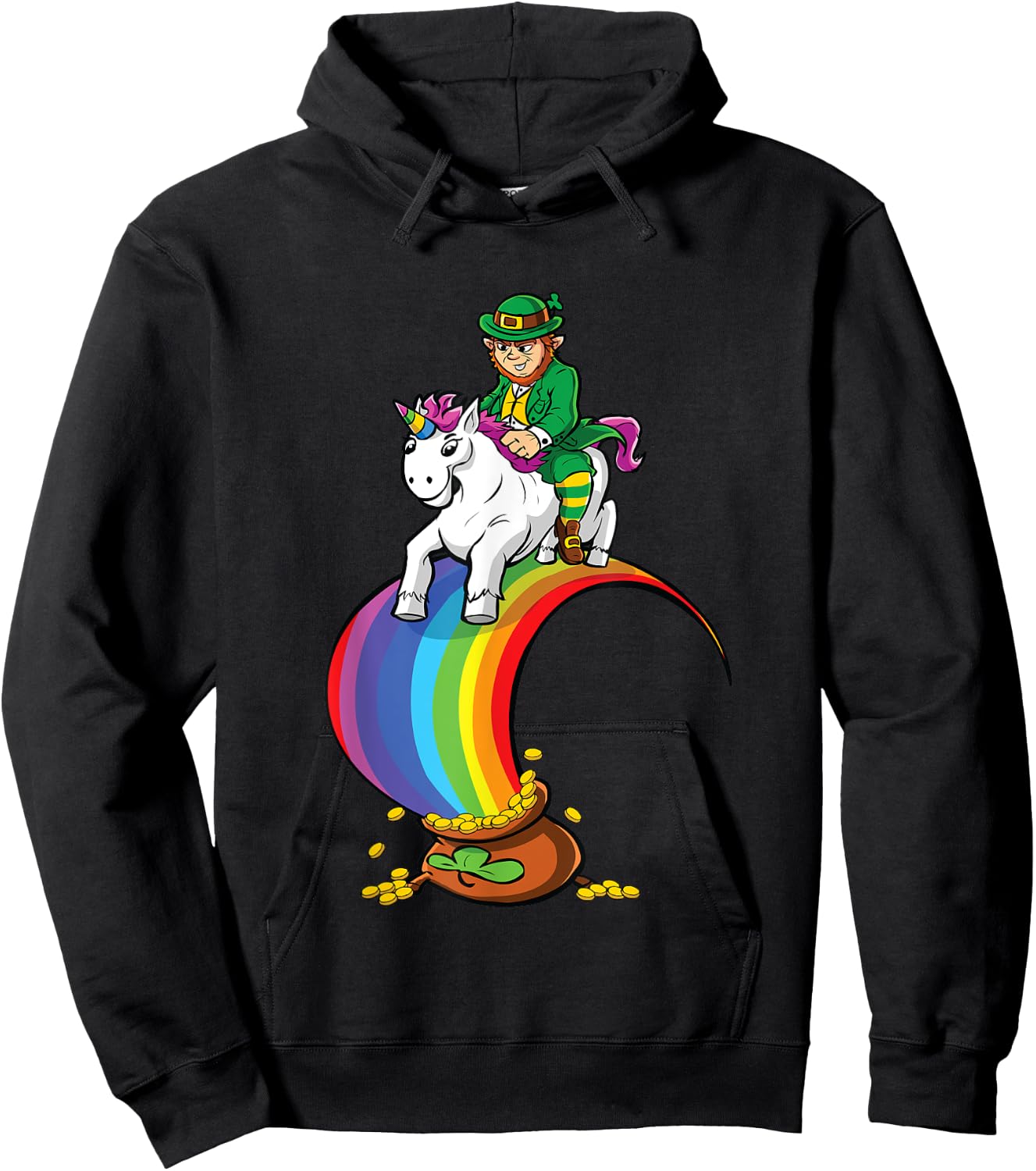 Leprechaun Riding Unicorn Over Rainbow & Pot of Gold Hoodie - Hoodie | Black