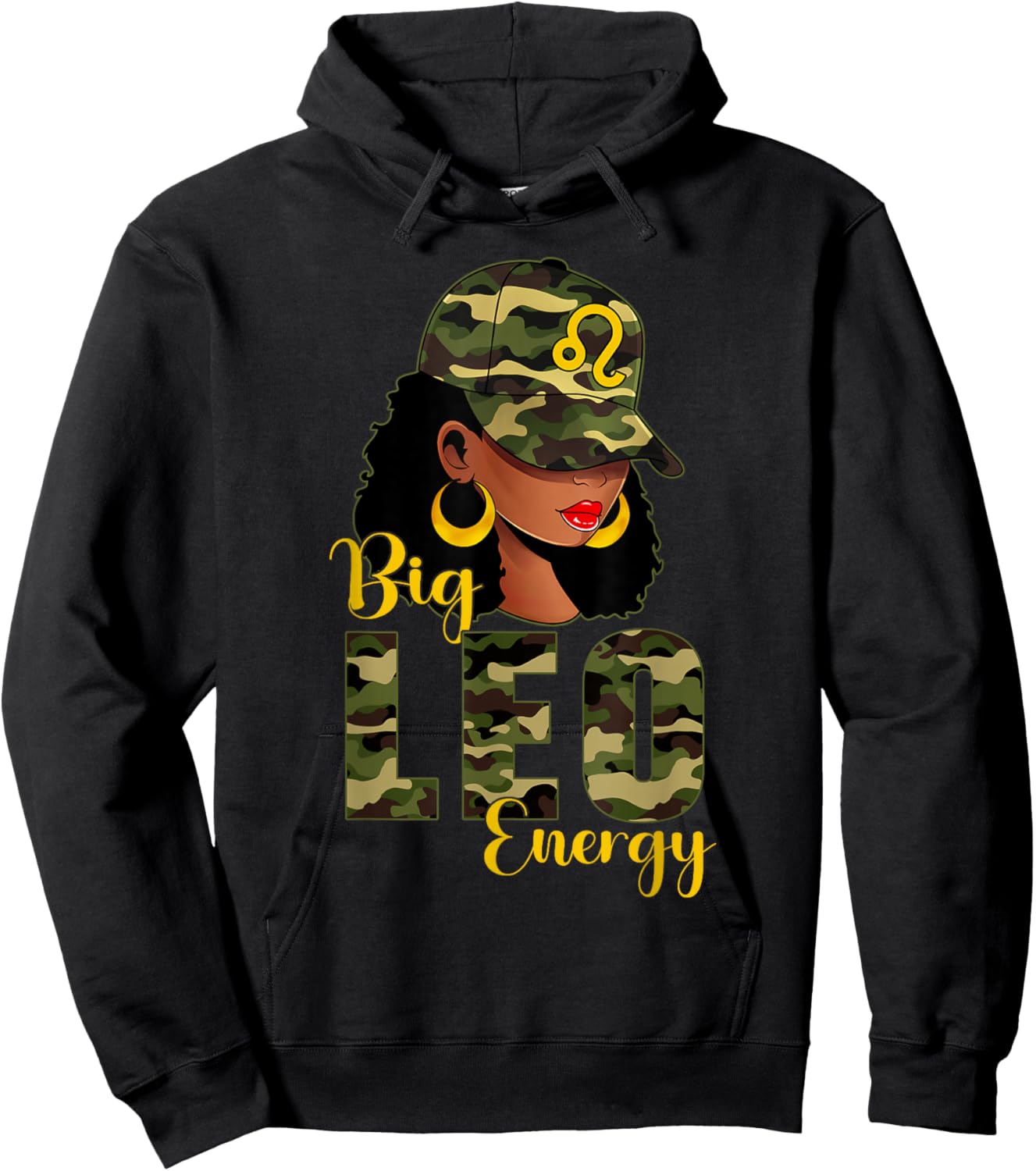 Big Leo Energy Camouflage Black Woman Cap Zodiac Hoodie - Hoodie | Black