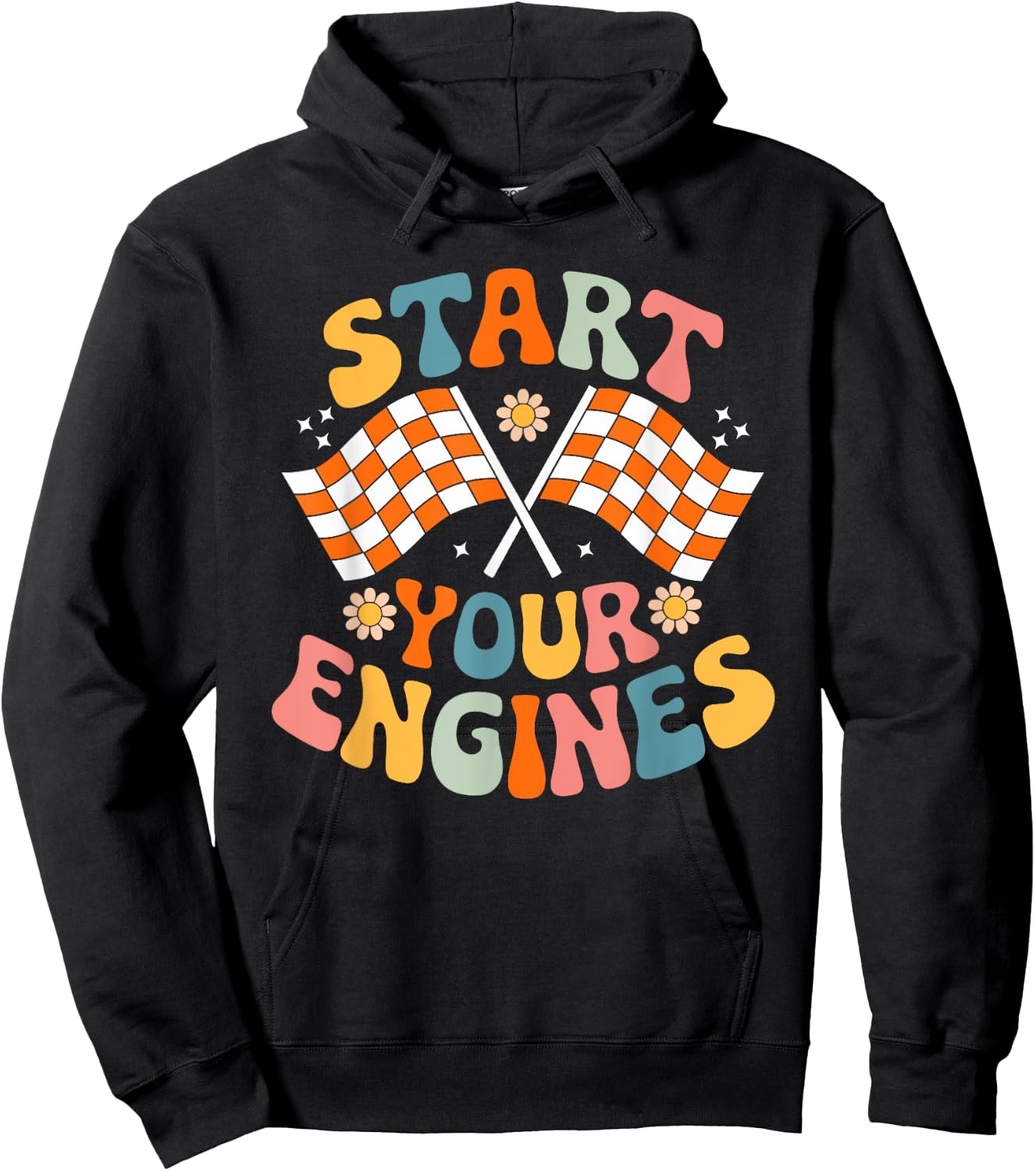 Groovy Start Your Engines Retro Checkered Flag Race Car Hoodie - Hoodie | Black