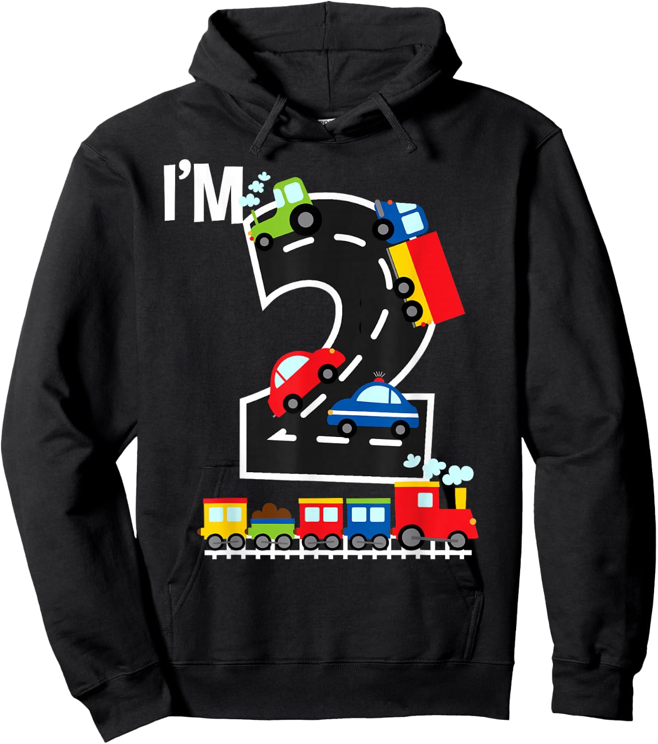 I'm 2 Birthday Boy 2nd Bday Trains Cars Trucks Number Hoodie - Hoodie | Black