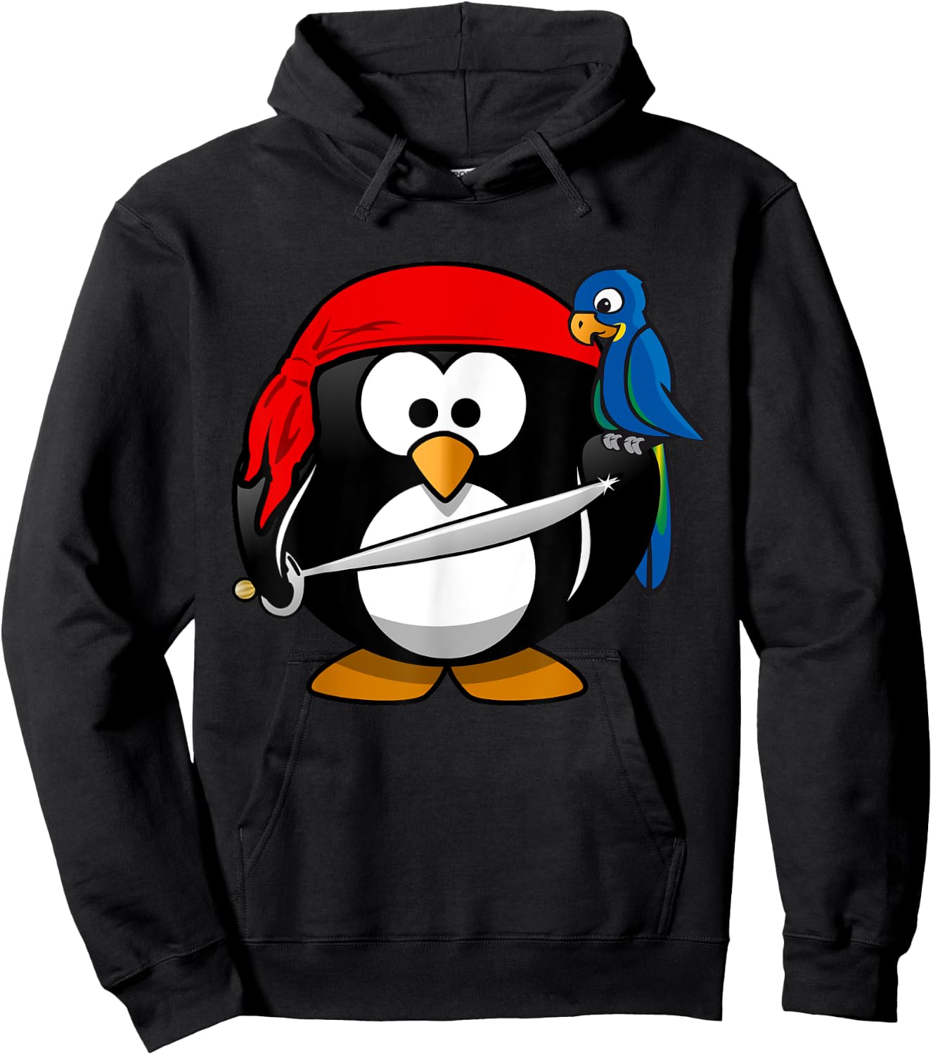 Cute Pirate Cartoon Penguin with Parrot Hoodie - Hoodie | Black