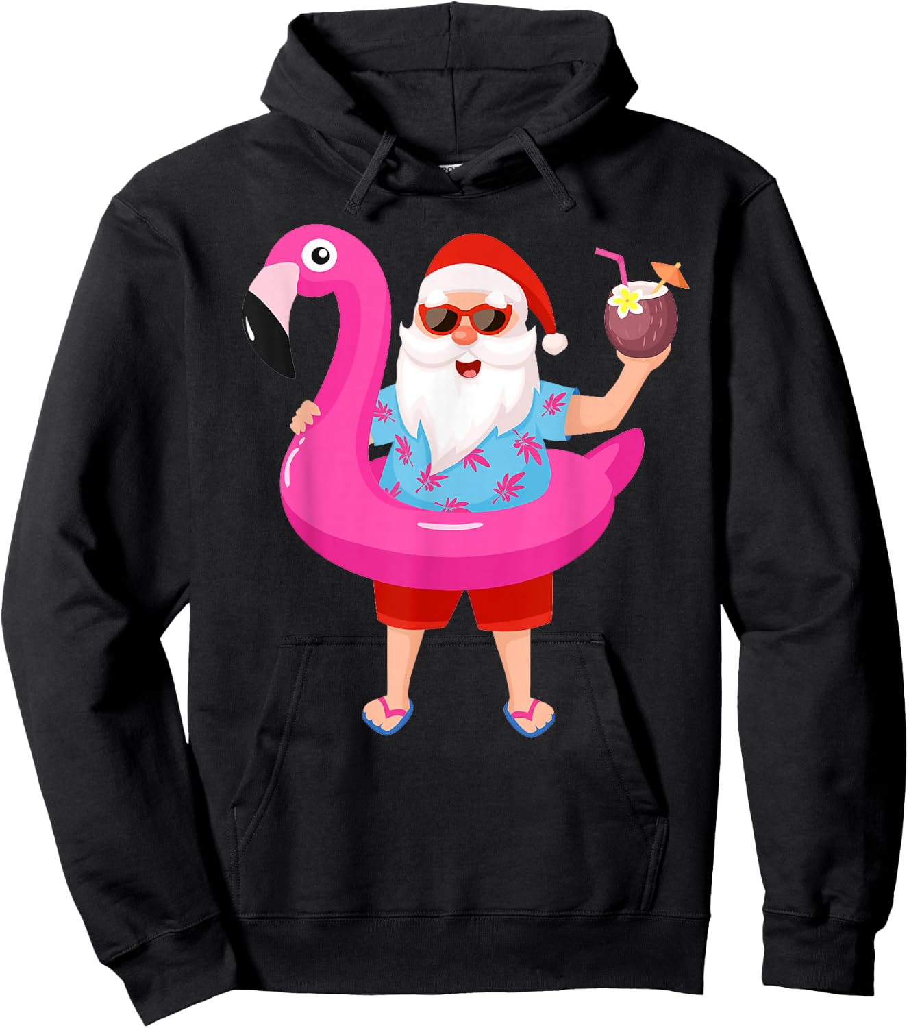 Christmas in July Santa hawaii Sunglasses Flamingo gifts Hoodie - Hoodie | Black