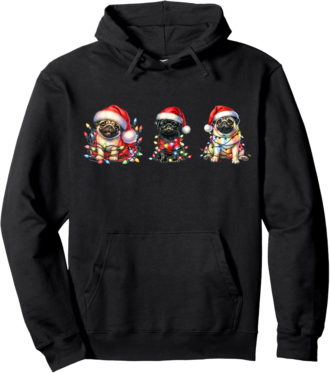 Christmas Fawn and Black Pugs Santa Pugs Hoodie - Hoodie | Black