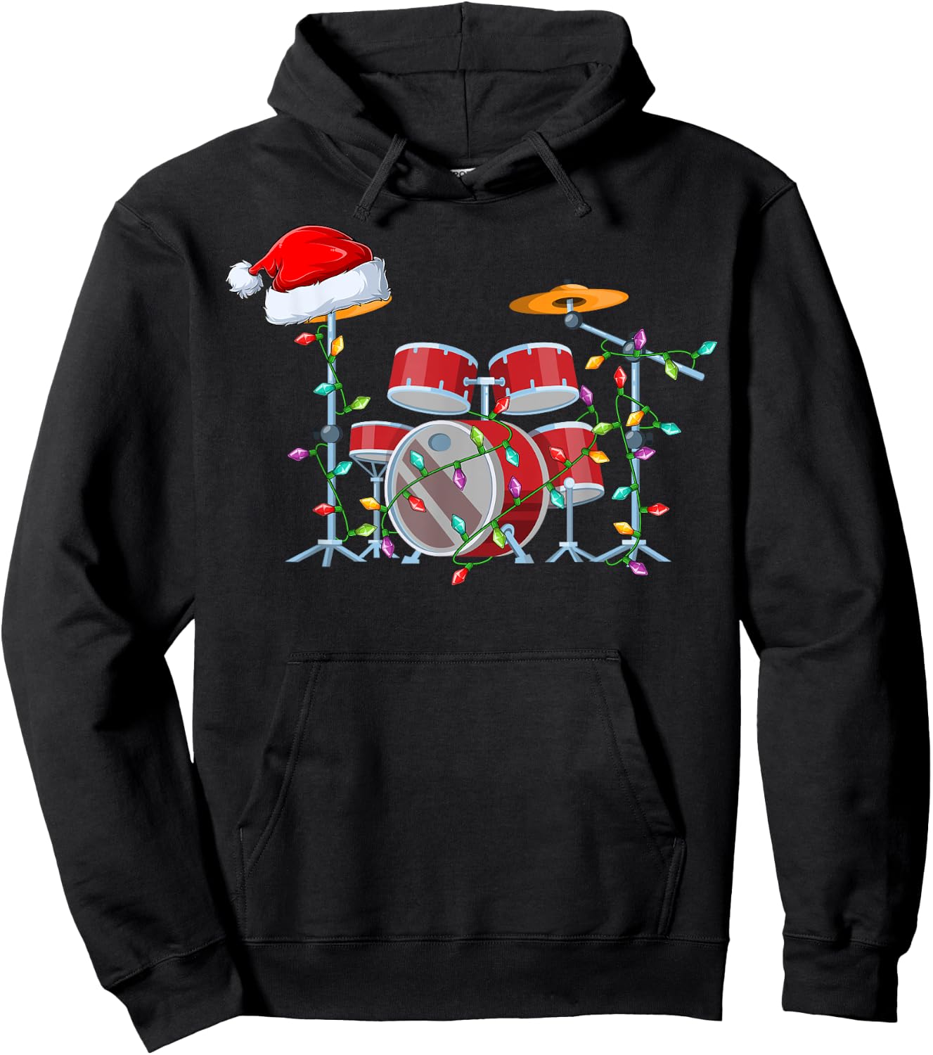 Xmas Lights Santa Hat Musical Drum Christmas Hoodie - Hoodie | Black