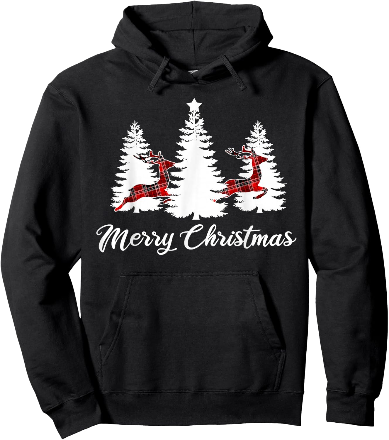 Merry Christmas Shirt Buffalo Plaid Reindeer Tree Hoodie - Hoodie | Black