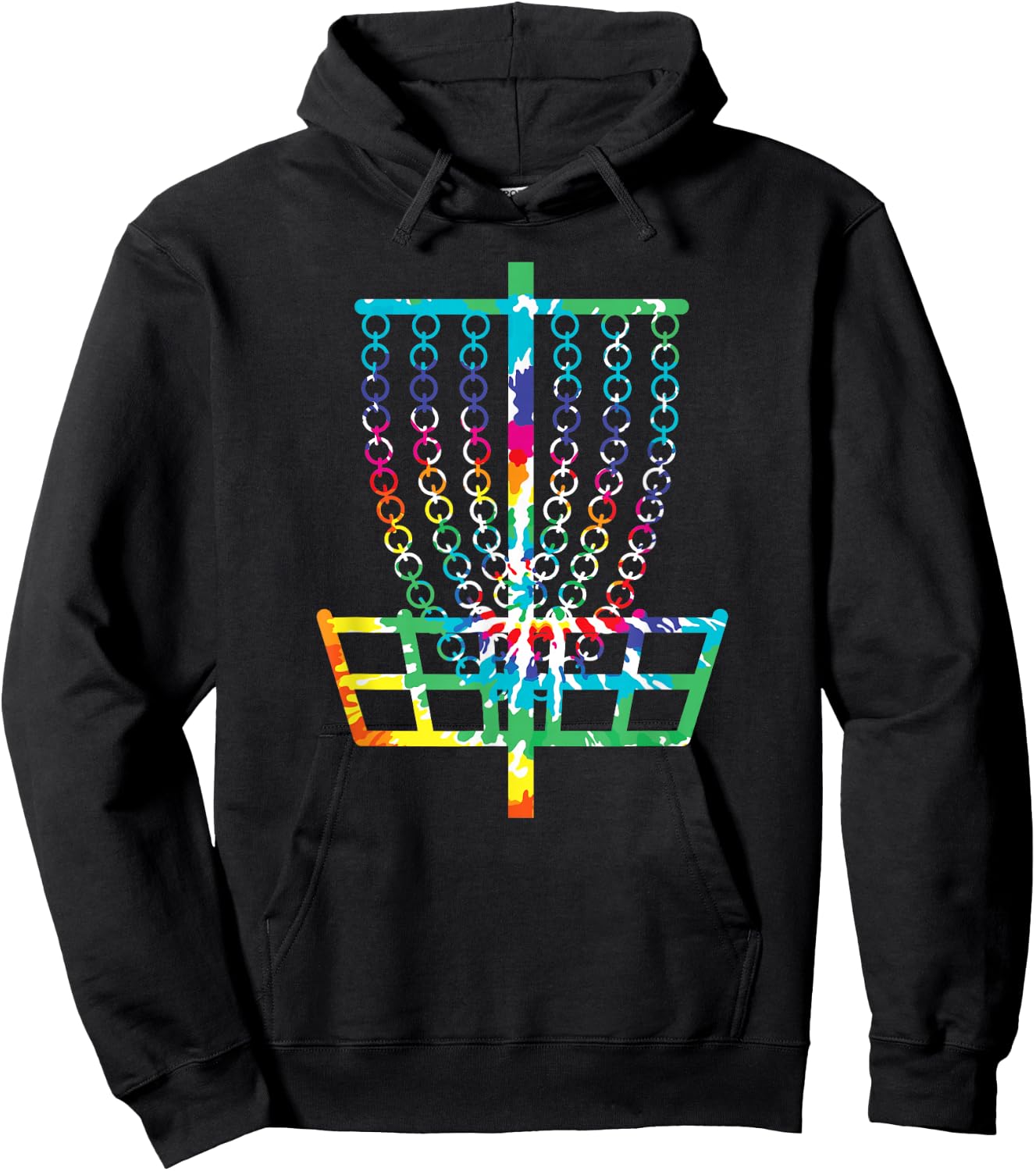 Retro Disc Golf Basket Hippie Rainbow Tie Dye Disc Golfer Hoodie - Hoodie | Black