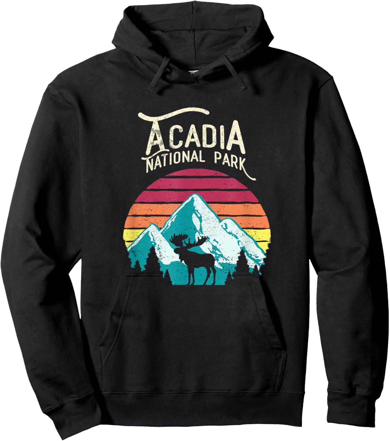 Vintage Acadia National Park, Maine Mountains Moose T Shirt Hoodie - Hoodie | Black