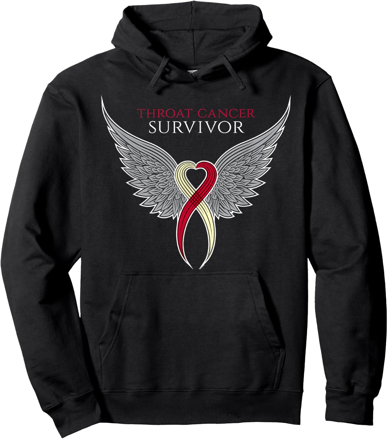 Throat Cancer Awareness by Jomadado for Adults, , Black, Short Sleeve, Size 8 (US), Classic Fit, Crew Collar, Modern Motivational, Cancer Awareness, Ribbon with Wings Hoodie - Hoodie | Black