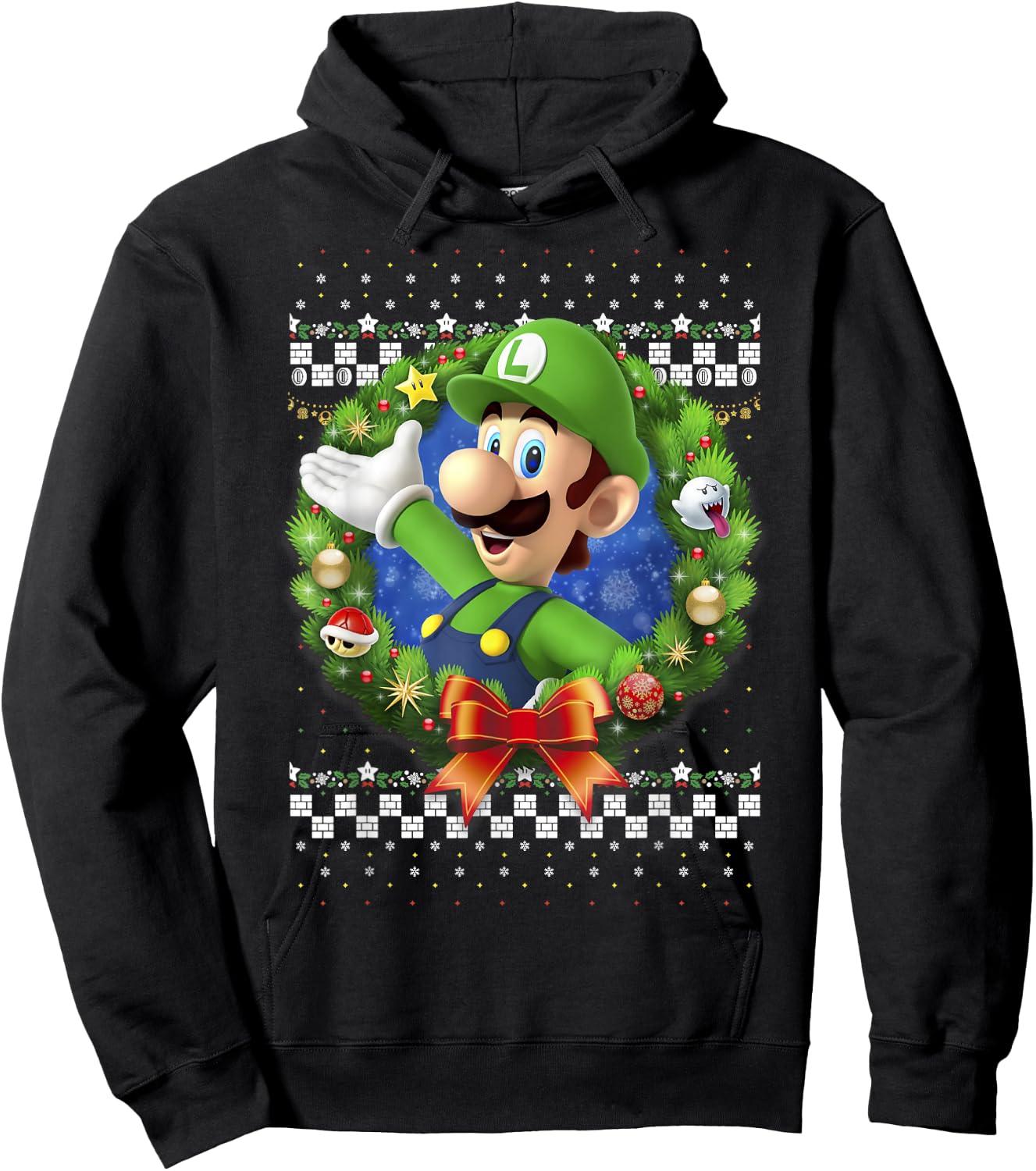 Super Mario 3D Luigi Christmas Wreath Graphic Hoodie - Hoodie | Black