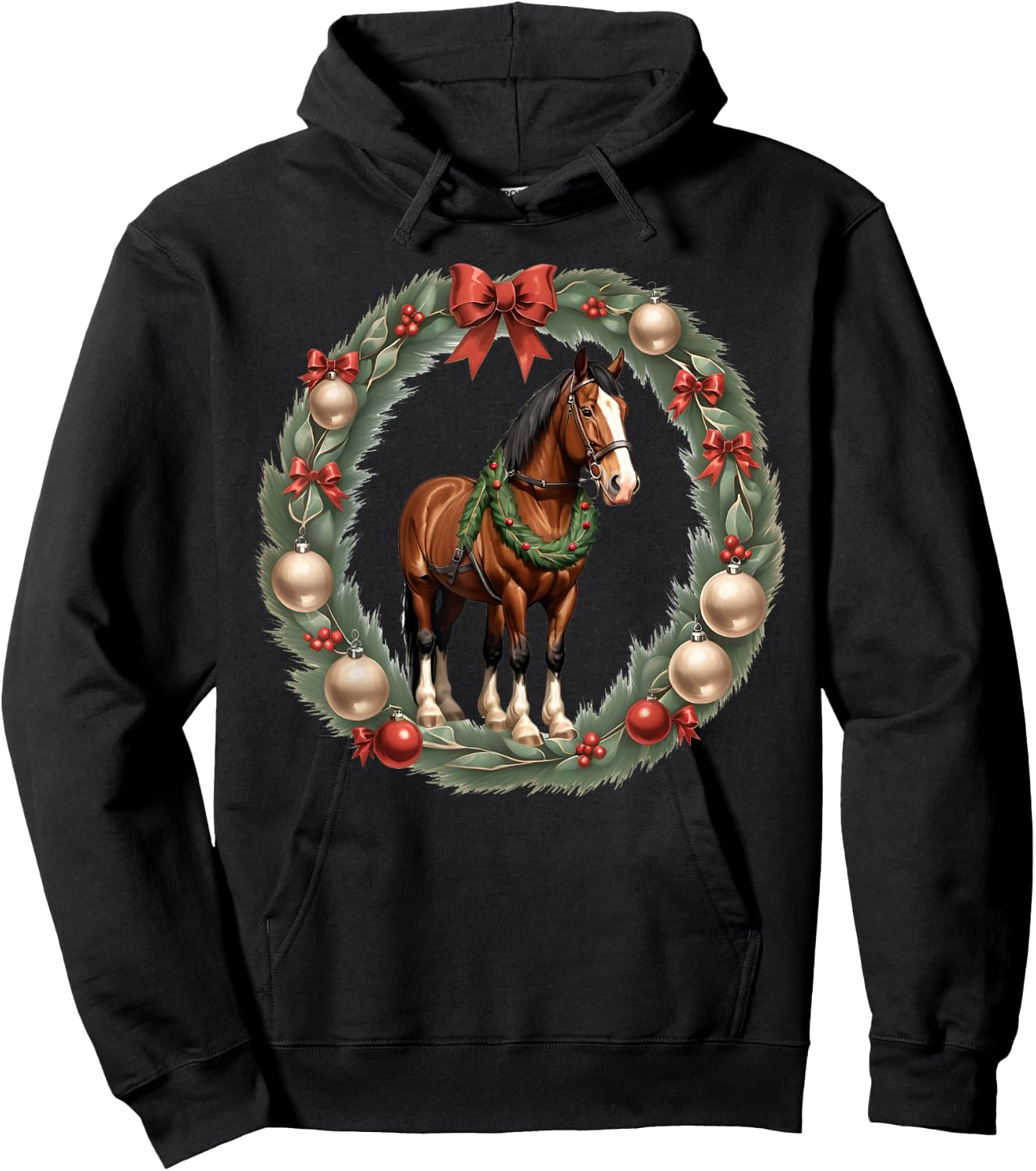 Clydesdale Christmas Horses & A X-Mas Wreath Hoodie - Hoodie | Black