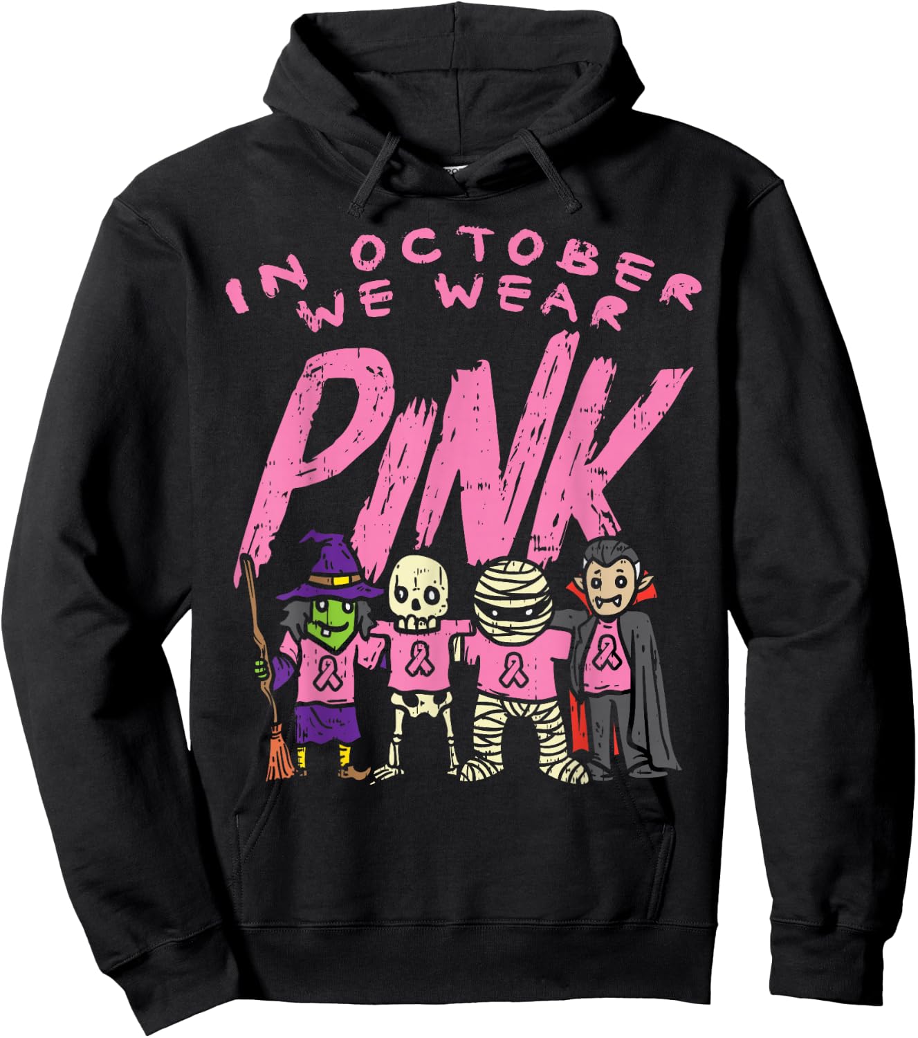October We Wear Pink Witch Skeleton Halloween Breast Cancer Hoodie - Hoodie | Black