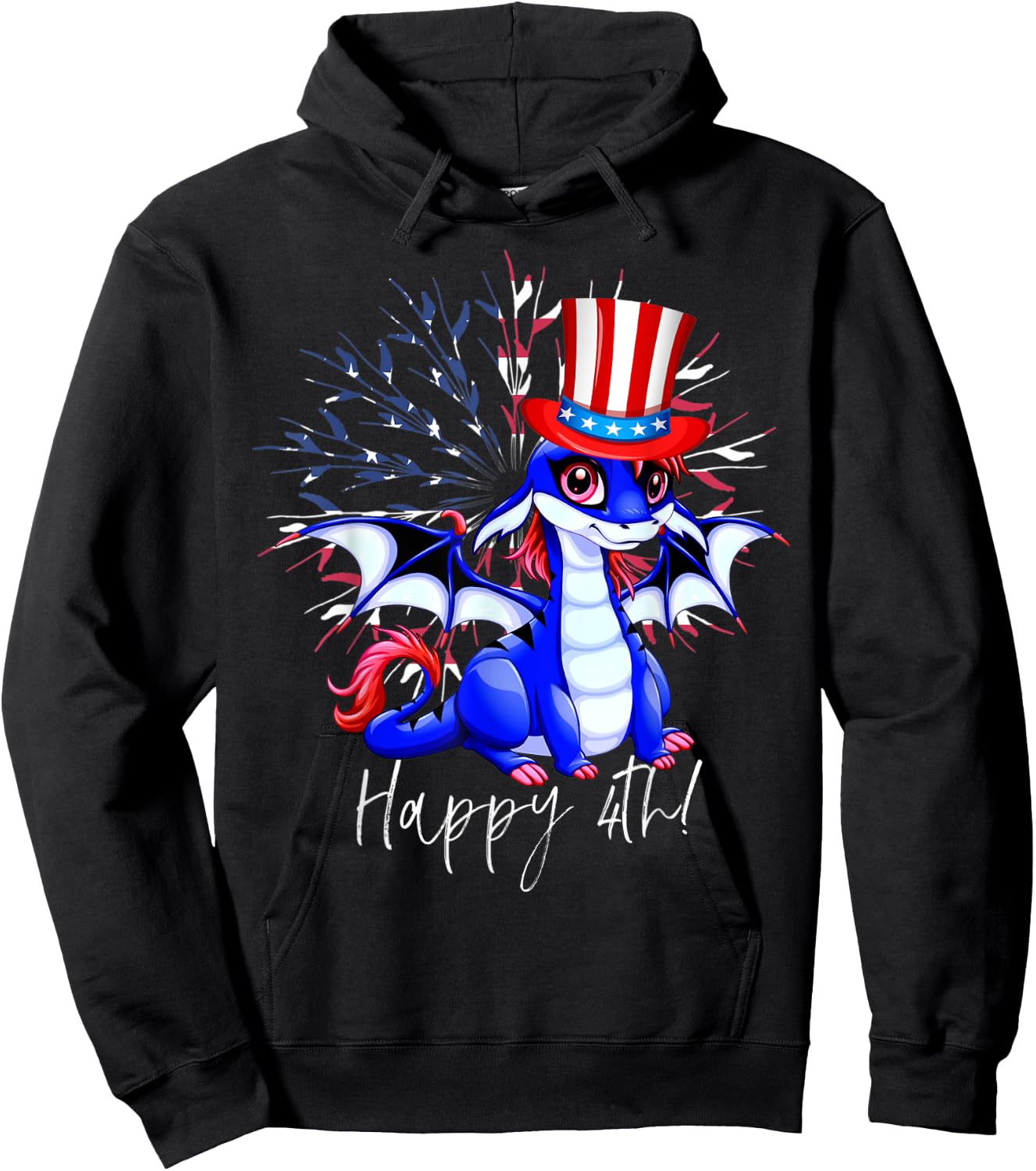 Cute Anime Dragon July 4th Independence Day Fireworks Women Kids Men Hoodie - Hoodie | Black