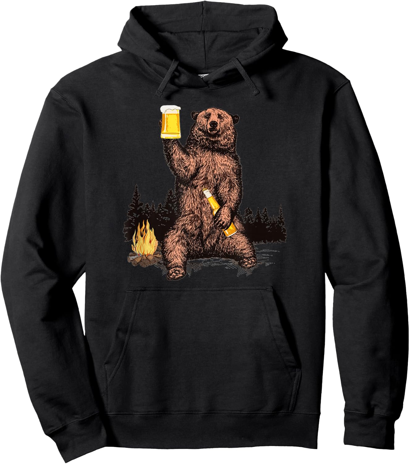 Bear Drinking Beer Camp Fire Woods Outdoor Funny Grizzly Hoodie - Hoodie | Black
