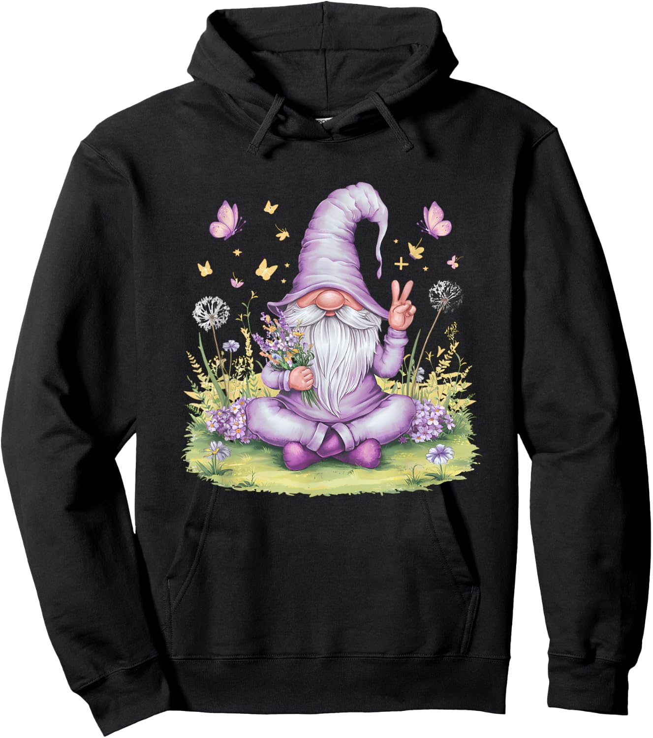 Peaceful Garden Gnome with Flowers And Butterflies Hoodie - Hoodie | Black