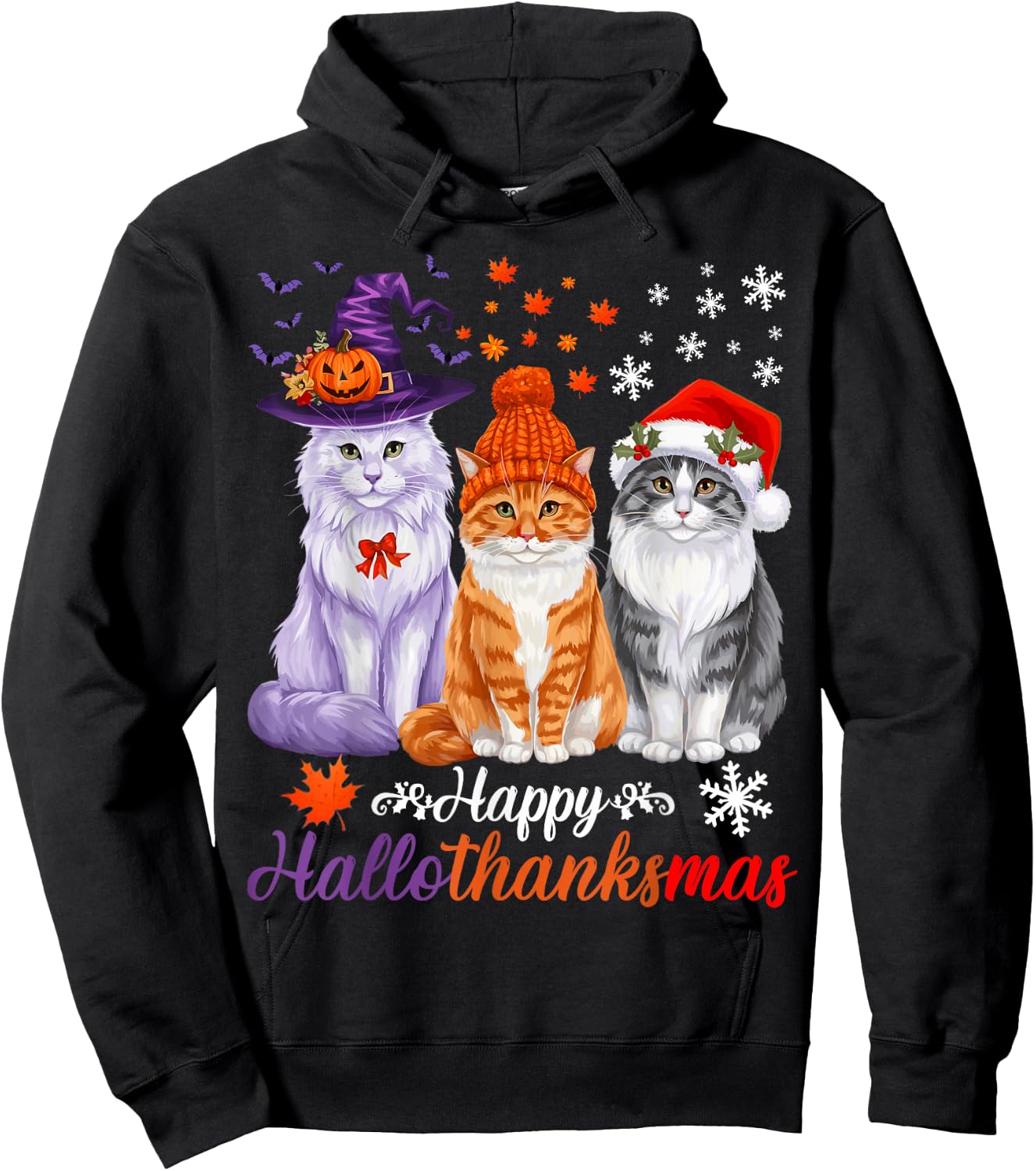 Happy HalloThanksMas Cats Halloween Thanksgiving Christmas Hoodie - Hoodie | Black